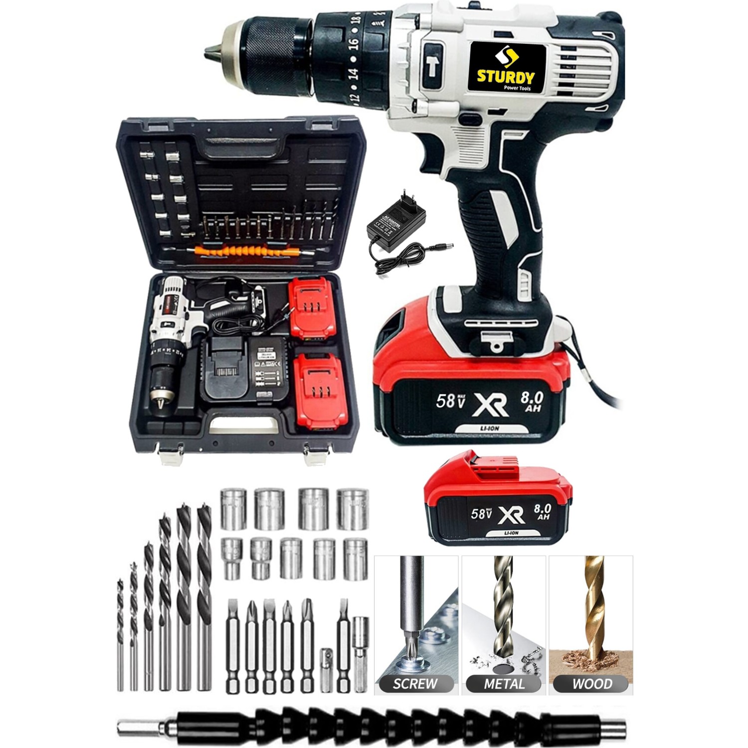 Sturdy Pro XR3650XLM Li-On 58 Volt 6 Amper Şarjlı Çift Akülü Darbeli Matkap 27 Parça Usta Setli