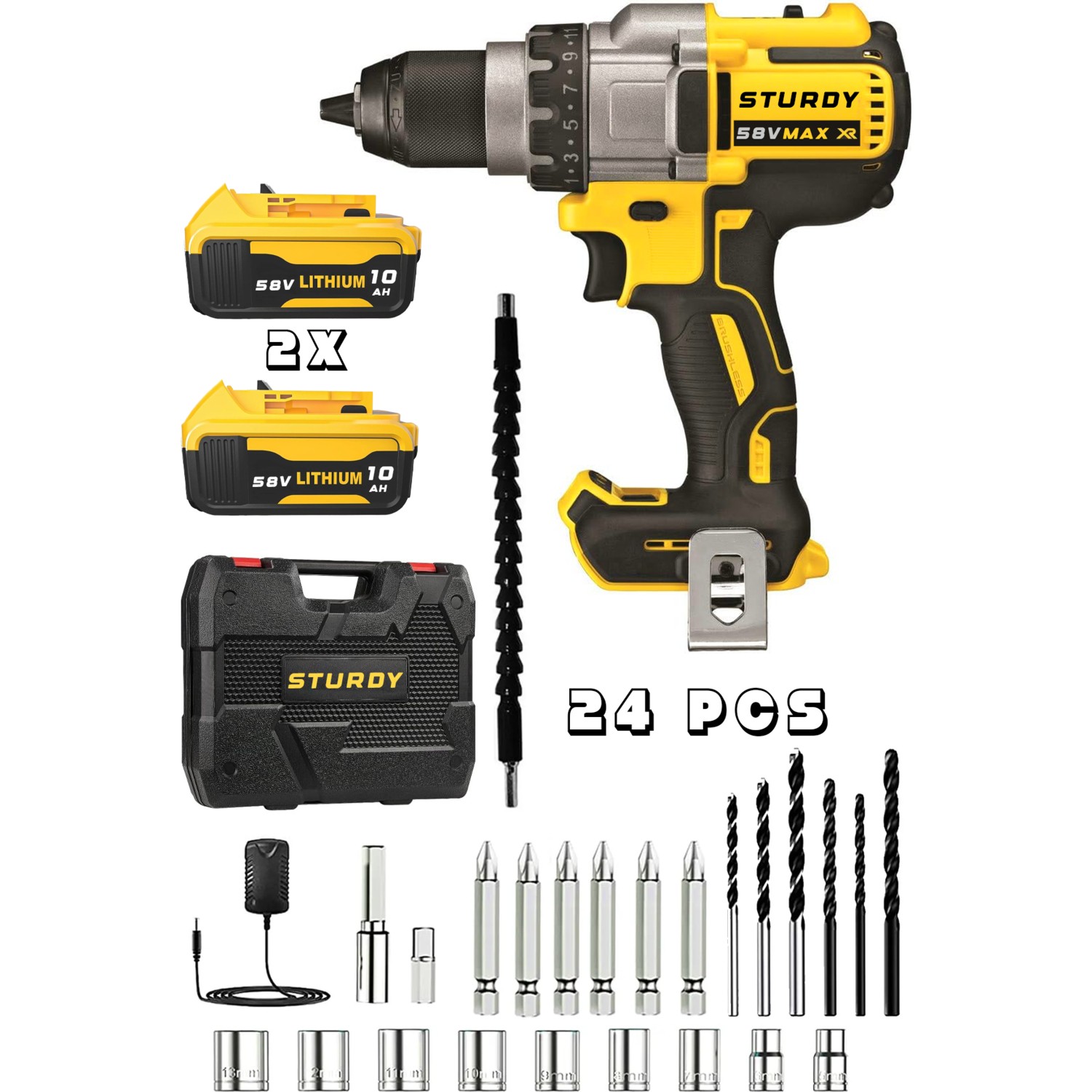 Sturdy Pro XR5860XLG Li-On 58 Volt 6 Amper Şarjlı Çift Akülü Darbeli Matkap 27 Parça Usta Setli