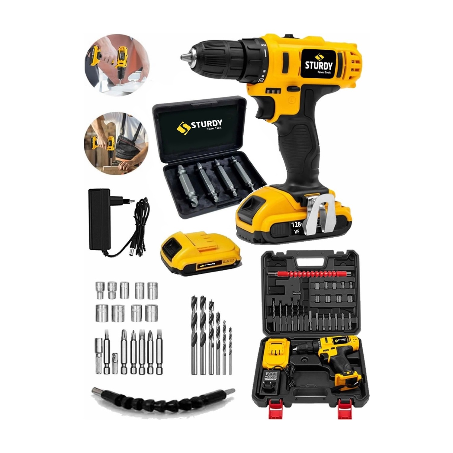 Sturdy 128VF 12mAH Lion Çift Akülü Darbeli Turbo Şarjlı vidalama  Matkap 27 Parca Setli + Bozulmuş Vida Sökme Setli