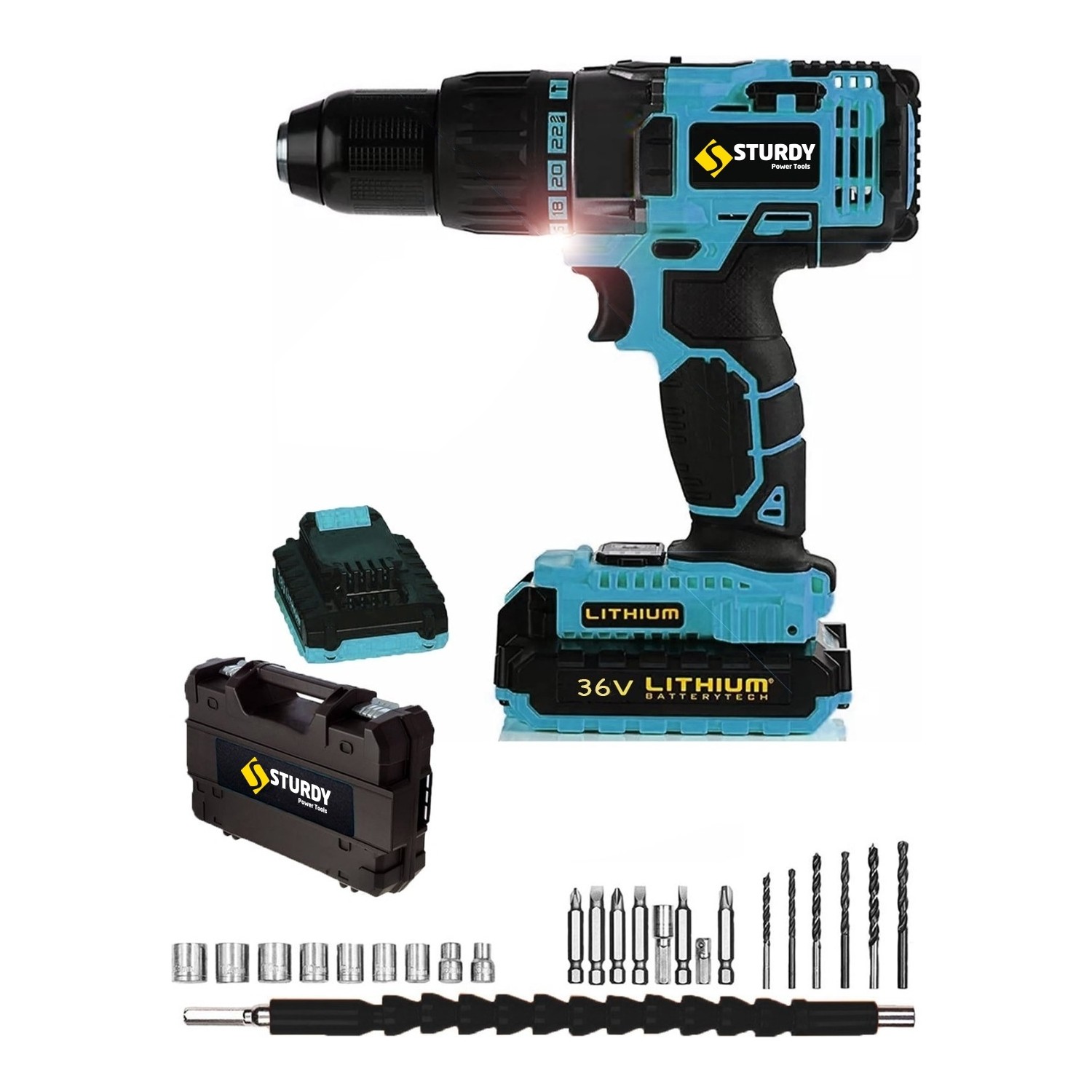 Sturdy 36V5AH Sanzumanlı Setlı Darbesiz Lıon Şarjlı  Matkap 23 Parca Setli