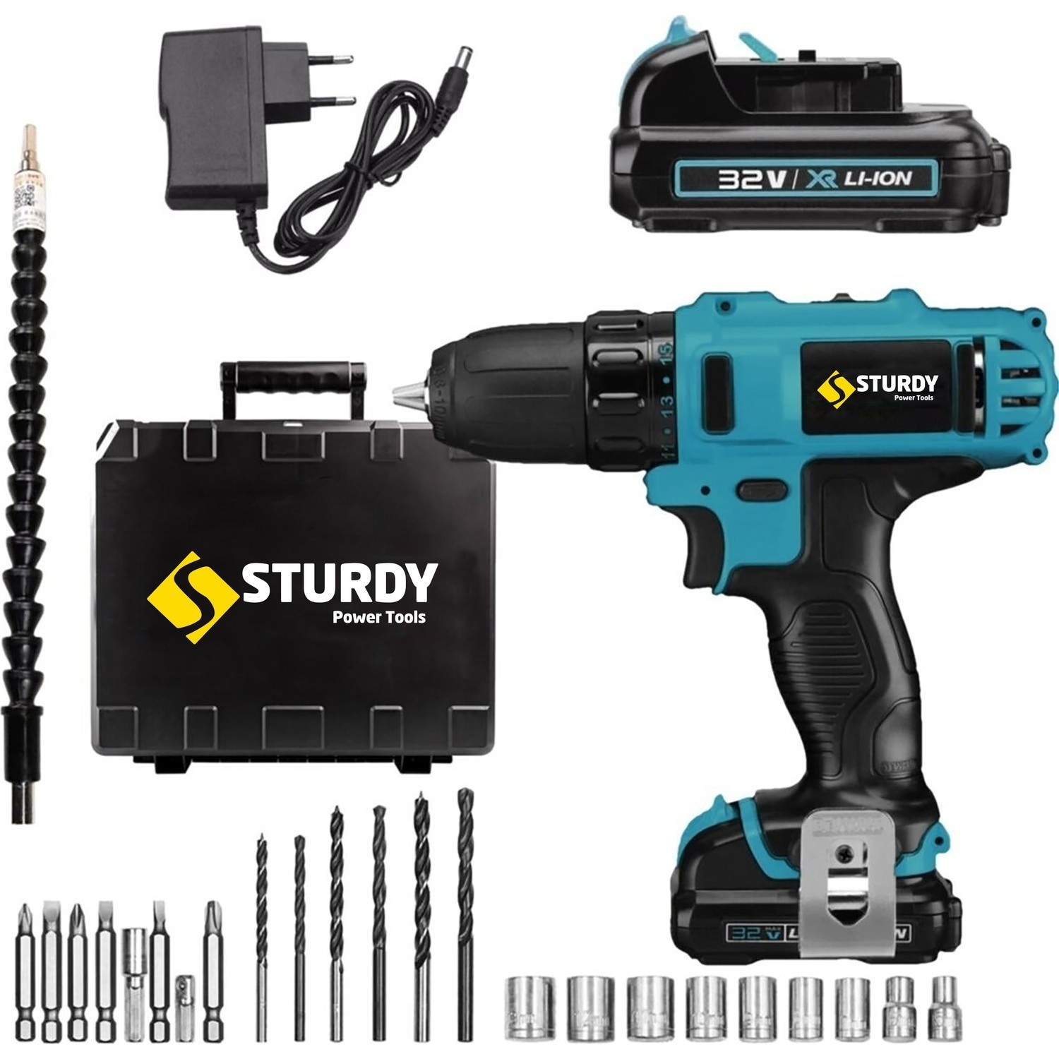 Sturdy Power Tools 32 Volt 5.0 Amper Çift Akülü 24 Parça Uç Setli Şarjlı Vidalama Matkap