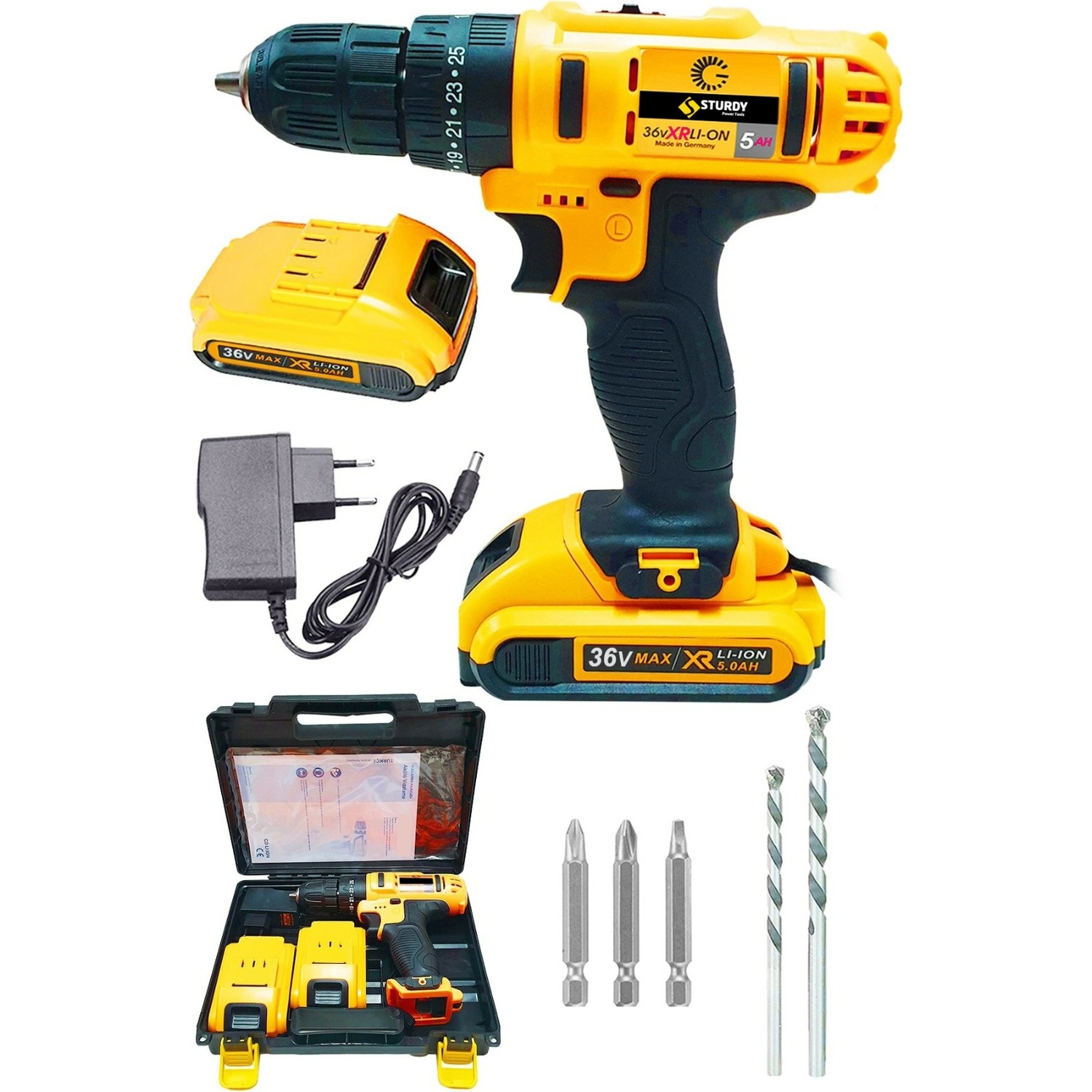 Sturdy Power Tools 36 Volt 5.0 Amper Çift Akülü 5 Parça Uç Setli Şarjlı Vidalama Matkap