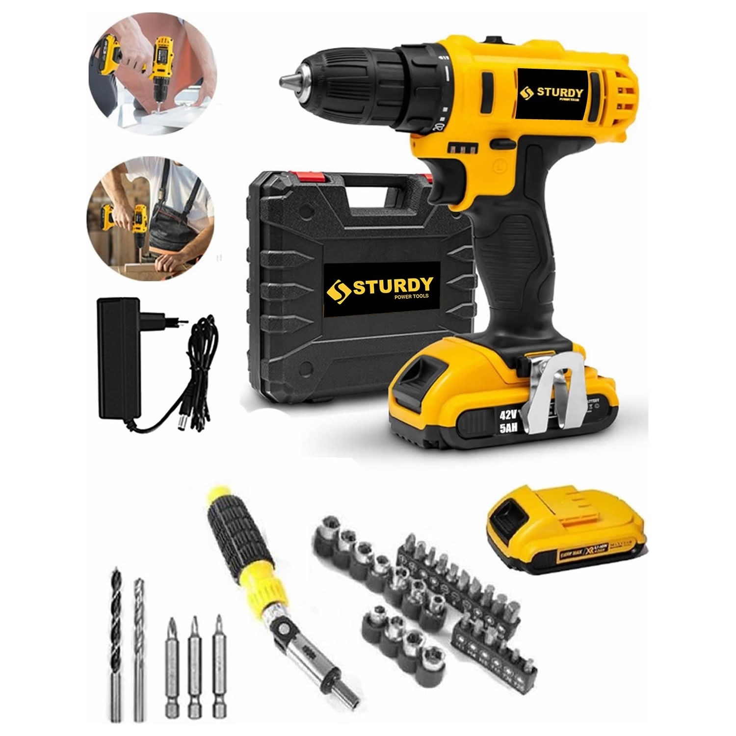 Sturdy  42VF 5A Çift Akülü X-Specific Vidalama Matkap Set Hediyeli  39 Parça