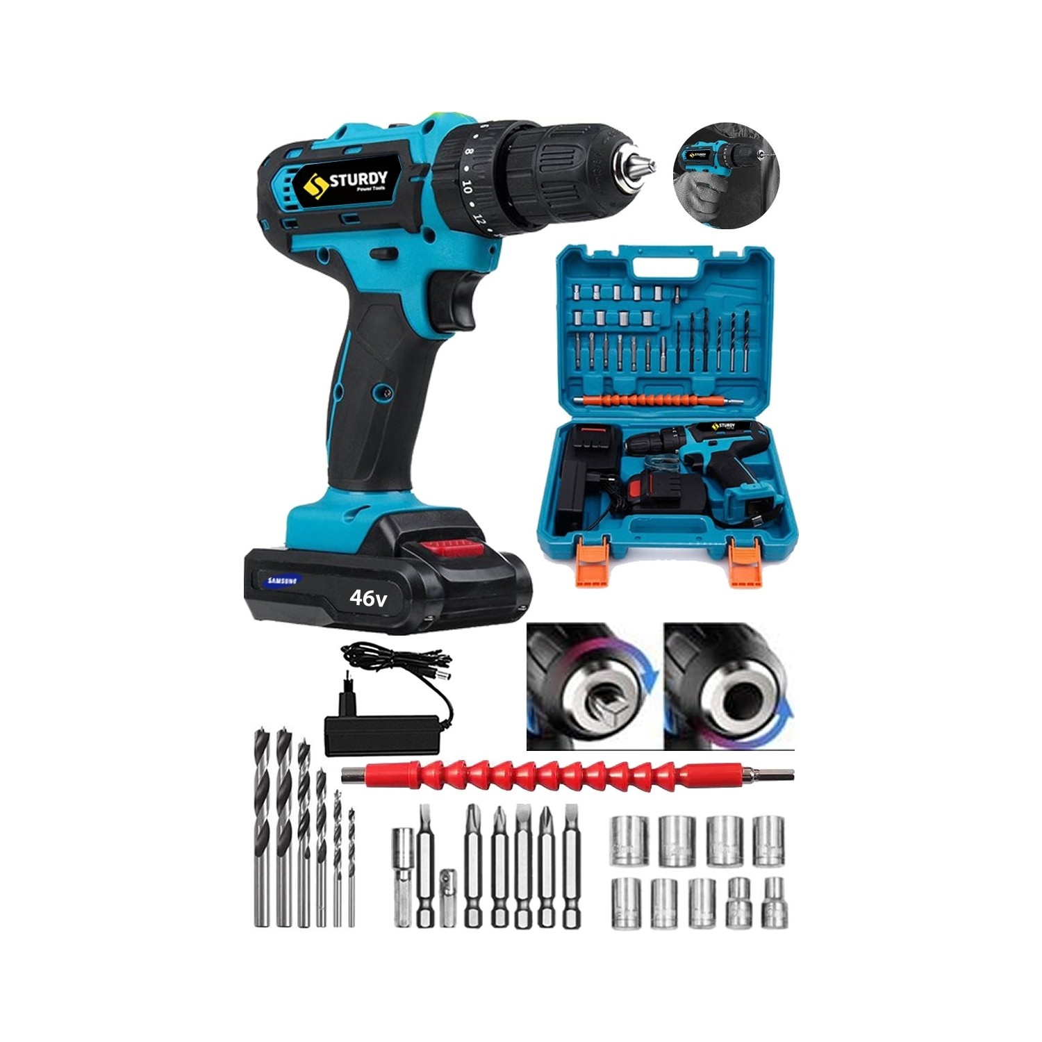 Sturdy Power Tools 46 Volt 5.0 Amper Express Seri Çift Akülü 27 Parça Uç Setli Şarjlı Vidalama Matkap