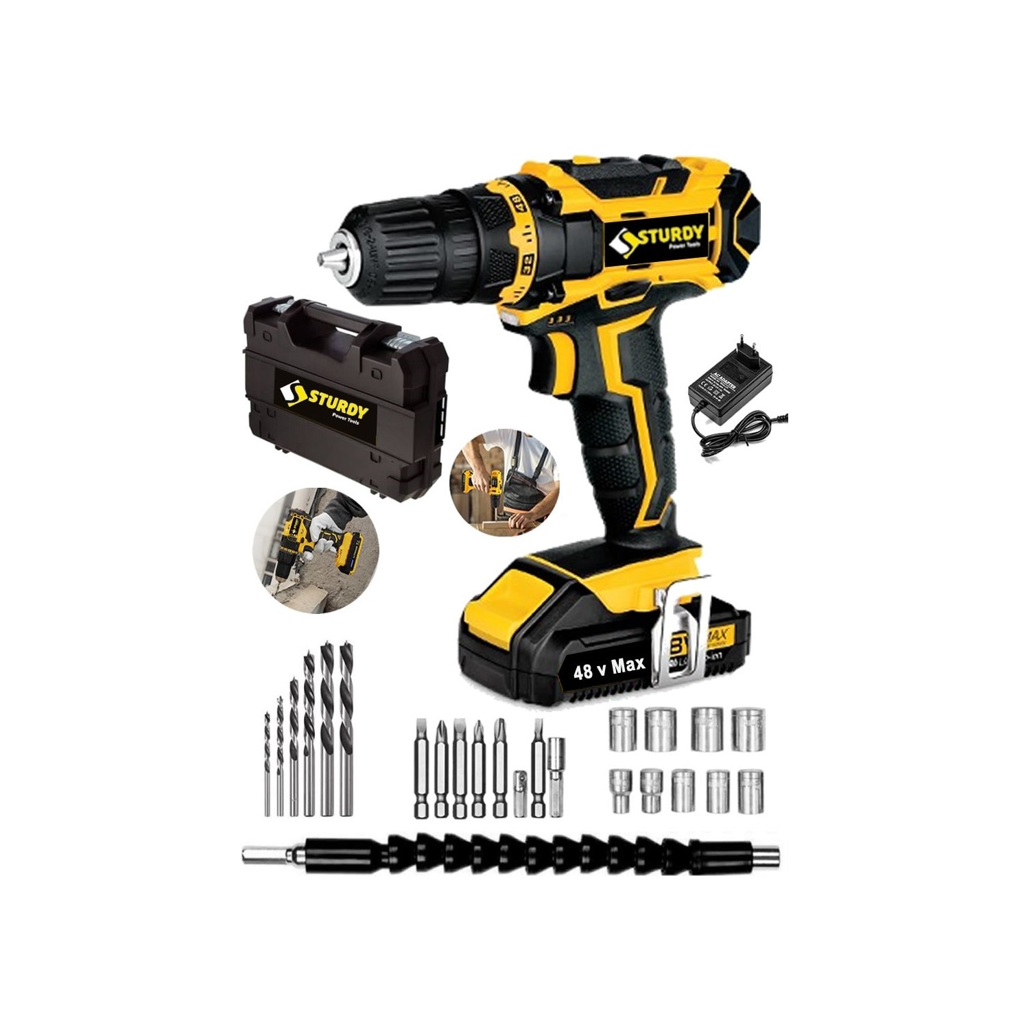 Sturdy 48VF 5mah Lityum Çift  Akülü Vidalama New Technology Darbeli Şarjlı Matkap Seti 27 Parçalı