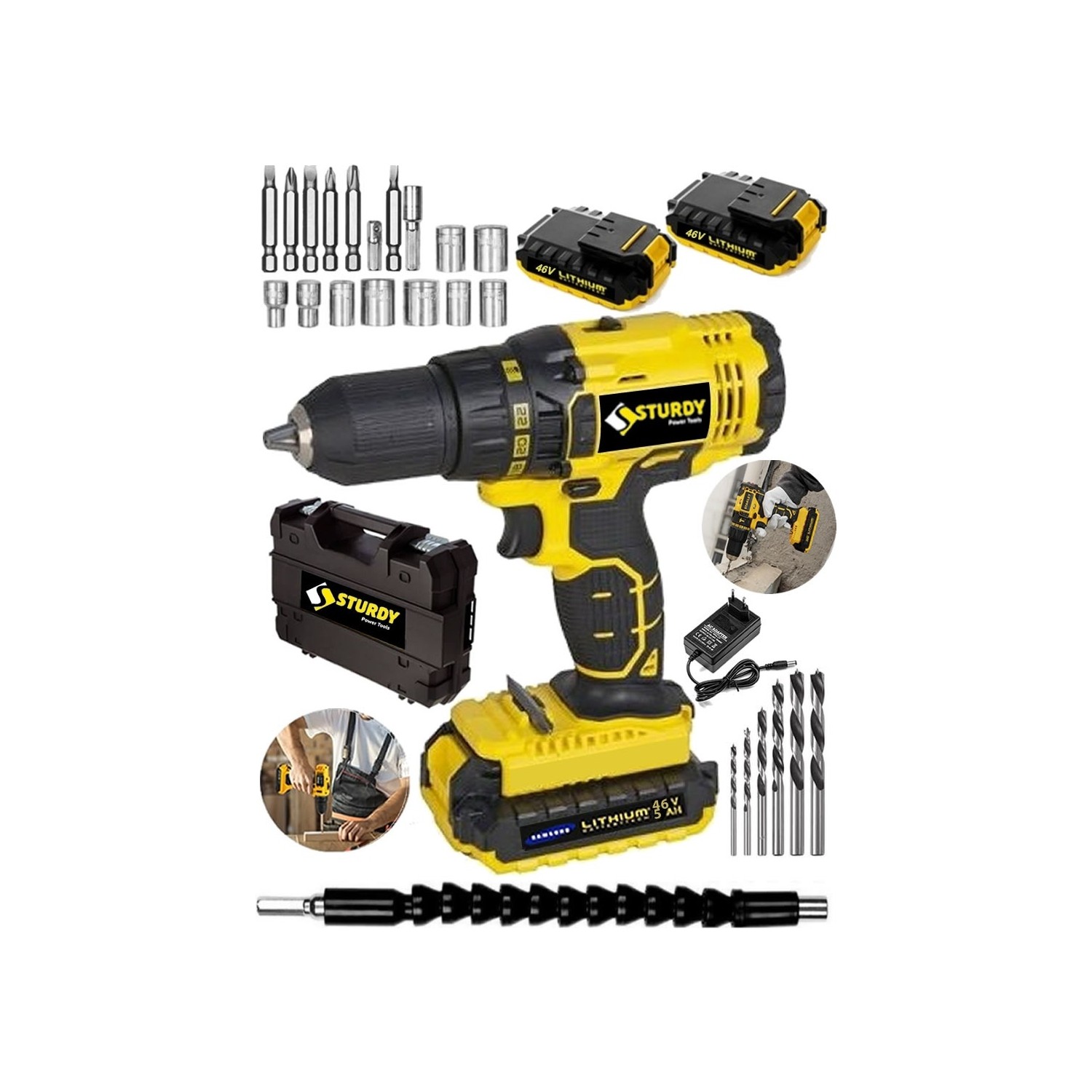 Sturdy Power Tools 46VF 5mah Li̇tyum Çift Akülü New Seri̇ Şarjlı Vidalama Matkap 27 Parça Uç Setli