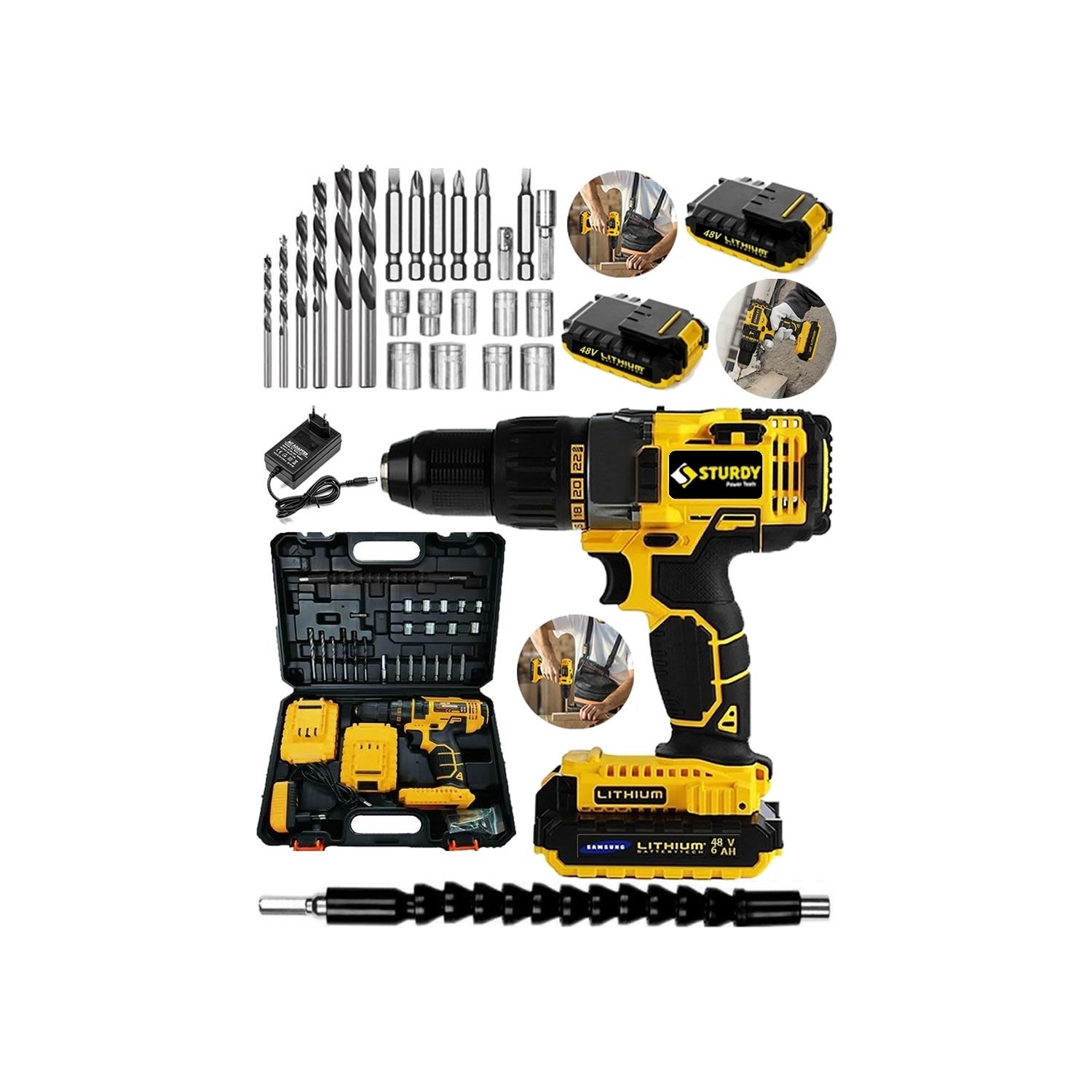 Sturdy Power Tools 48VF 6mah Li̇tyum Çift Akülü 2022 Seri̇ Şarjlı Vidalama Matkap 27 Parça Uç Setli