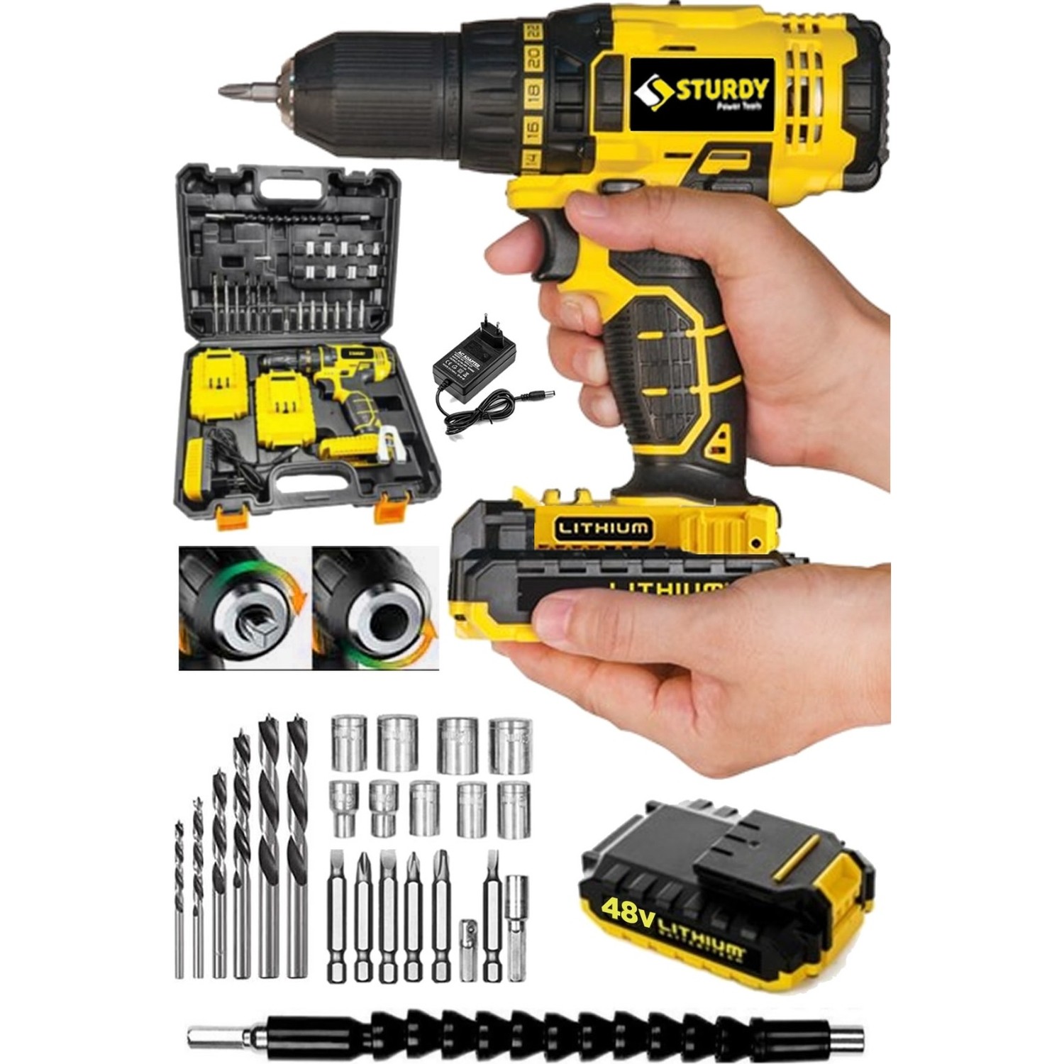 Sturdy Power Tools 48VF 6mah Li̇tyum Çift Akülü  Full Express Seri̇ Şarjlı Vidalama Matkap 27 Parça Uç Setli