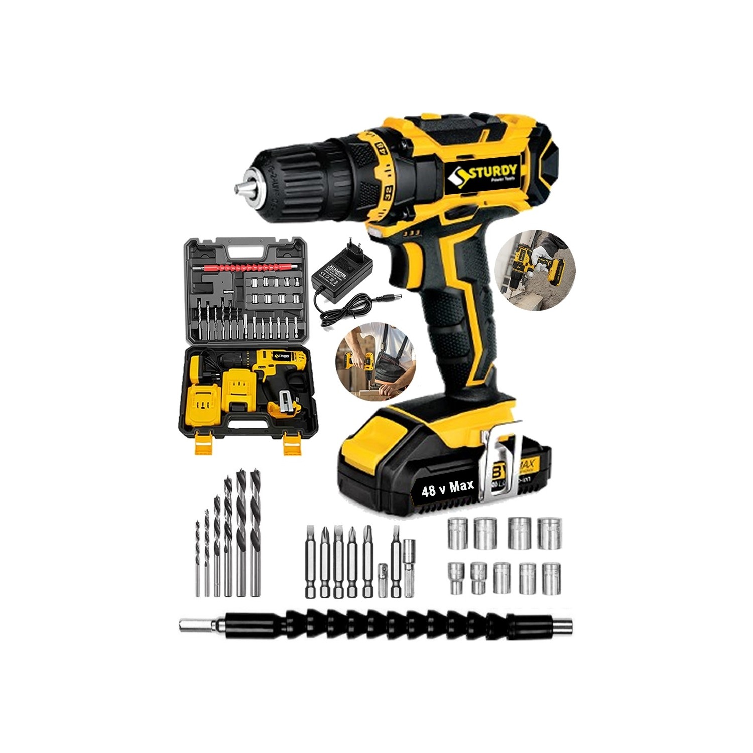 Sturdy 58V 6AH Lıon Çift Akülü Darbeli Turbo Şarjlı Vidalama Matkap 27 Parça Uç Setli