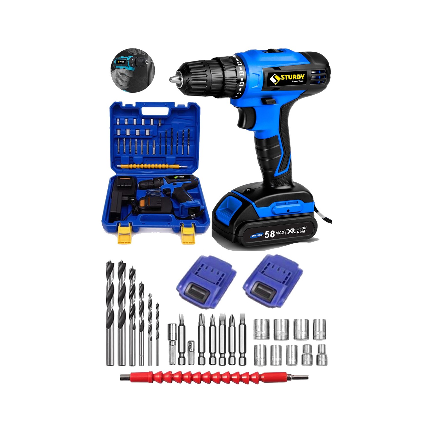 Sturdy 58V 6AH Lıon Çift Akülü New Serı Turbo Şarjlı Vidalama Matkap 27 Parça Uç Setli