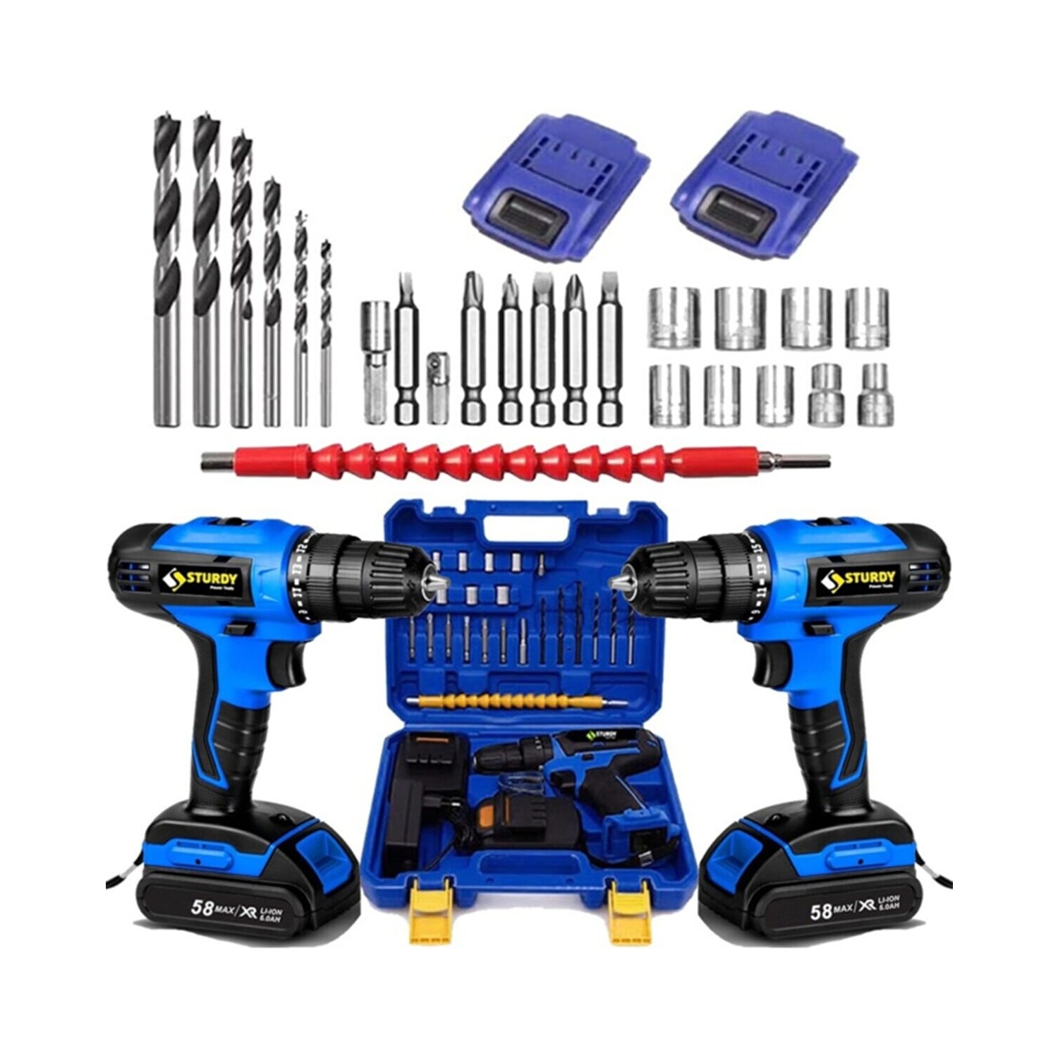 Sturdy 56V 6AH Metal Sanzumanlı Bluster Seri Setli Li-Ion Çift Akülü Matkap 27 Parca Setli