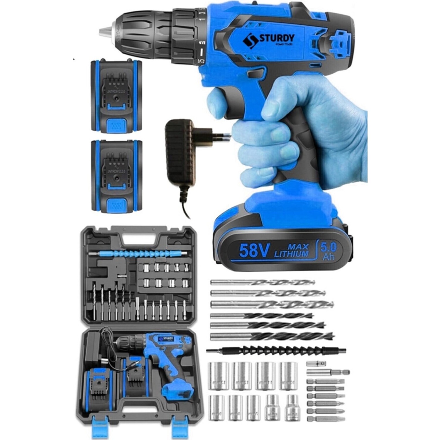 Sturdy Japon Technology 58V 8AH M-1 Metal Şanzıman Şarjlı Çift Akülü Vidalama 27PRÇ Uç Setli