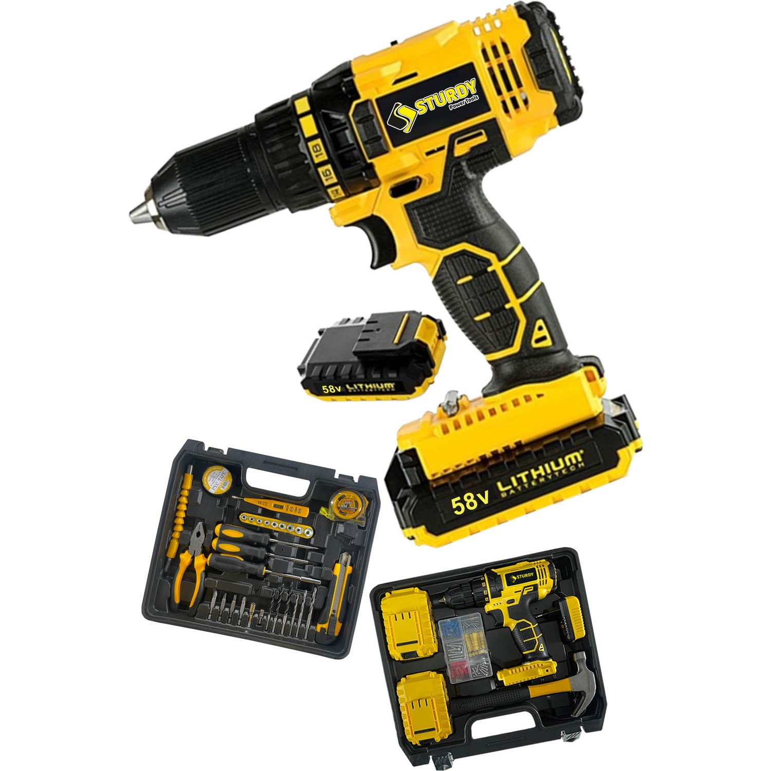 Sturdy 58V 8AH Lıon Çift Akülü Turbo Şarjlı Vidalama Matkap 99 Parça Setli