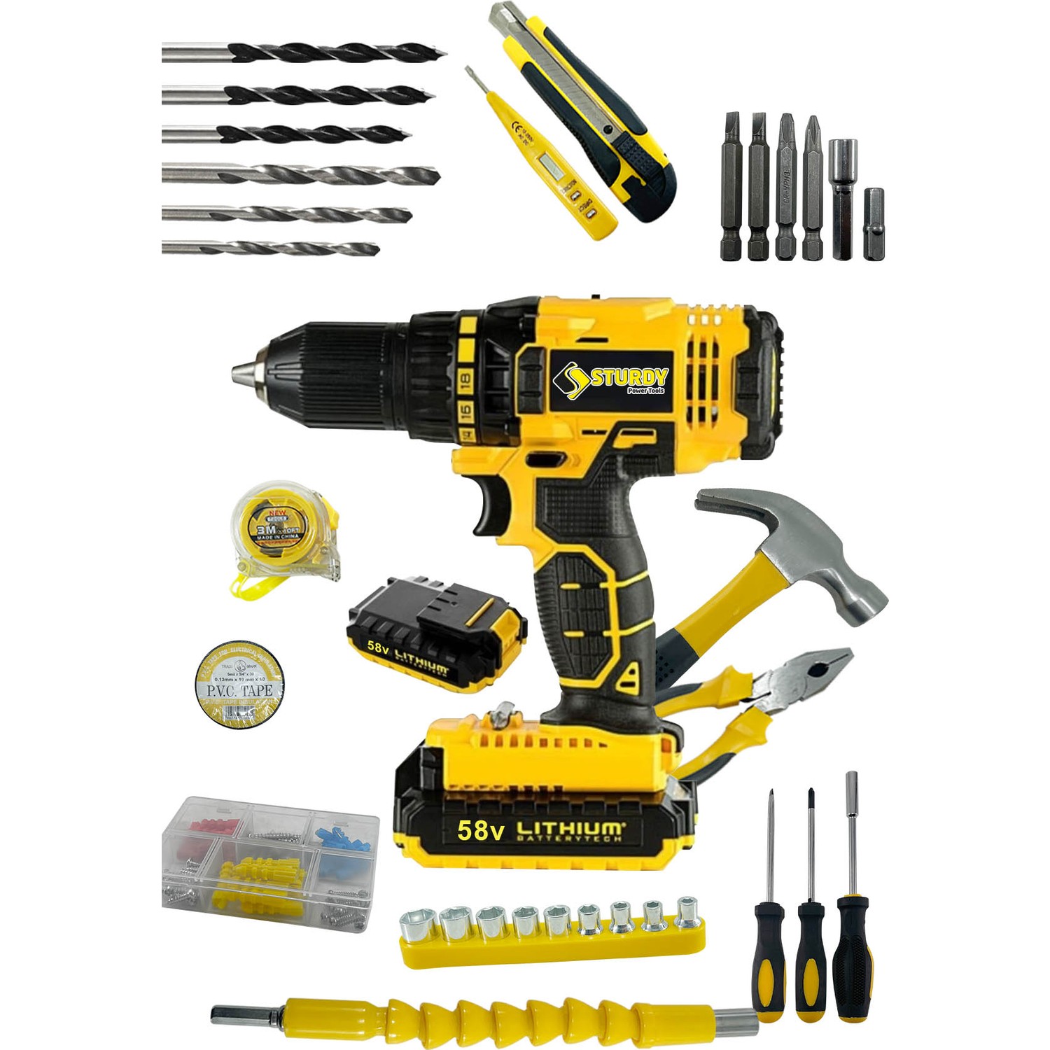 Sturdy 58V 8AH Lıon Çift Akülü New Serıes  Turbo Şarjlı Vidalama Matkap 99 Parça Setli