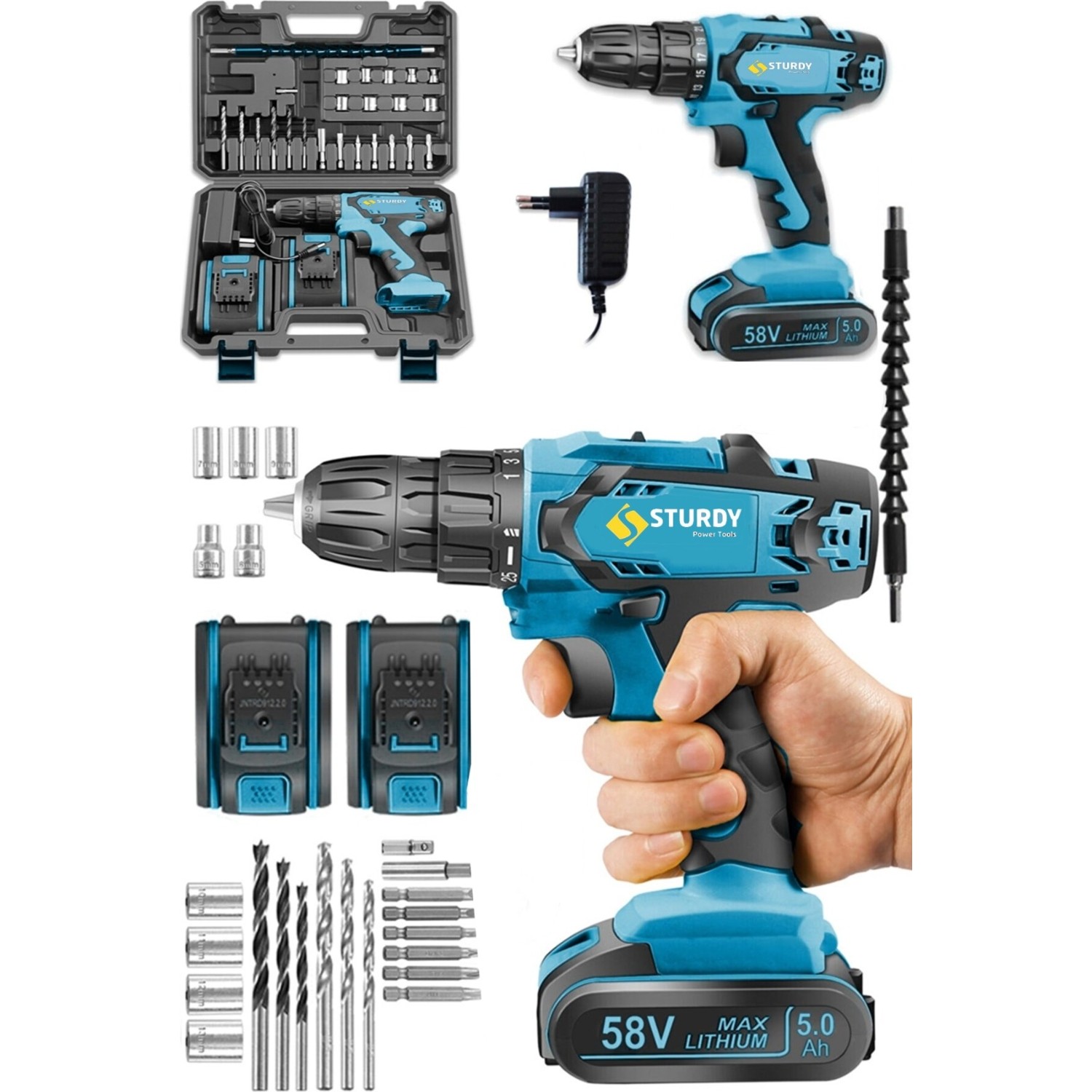 Sturdy Japon Technology 58V8AH Mechanıc Seri Metal Şanzuman Şarjlı Çift Akülü Matkap 27 Parça Uç Setli
