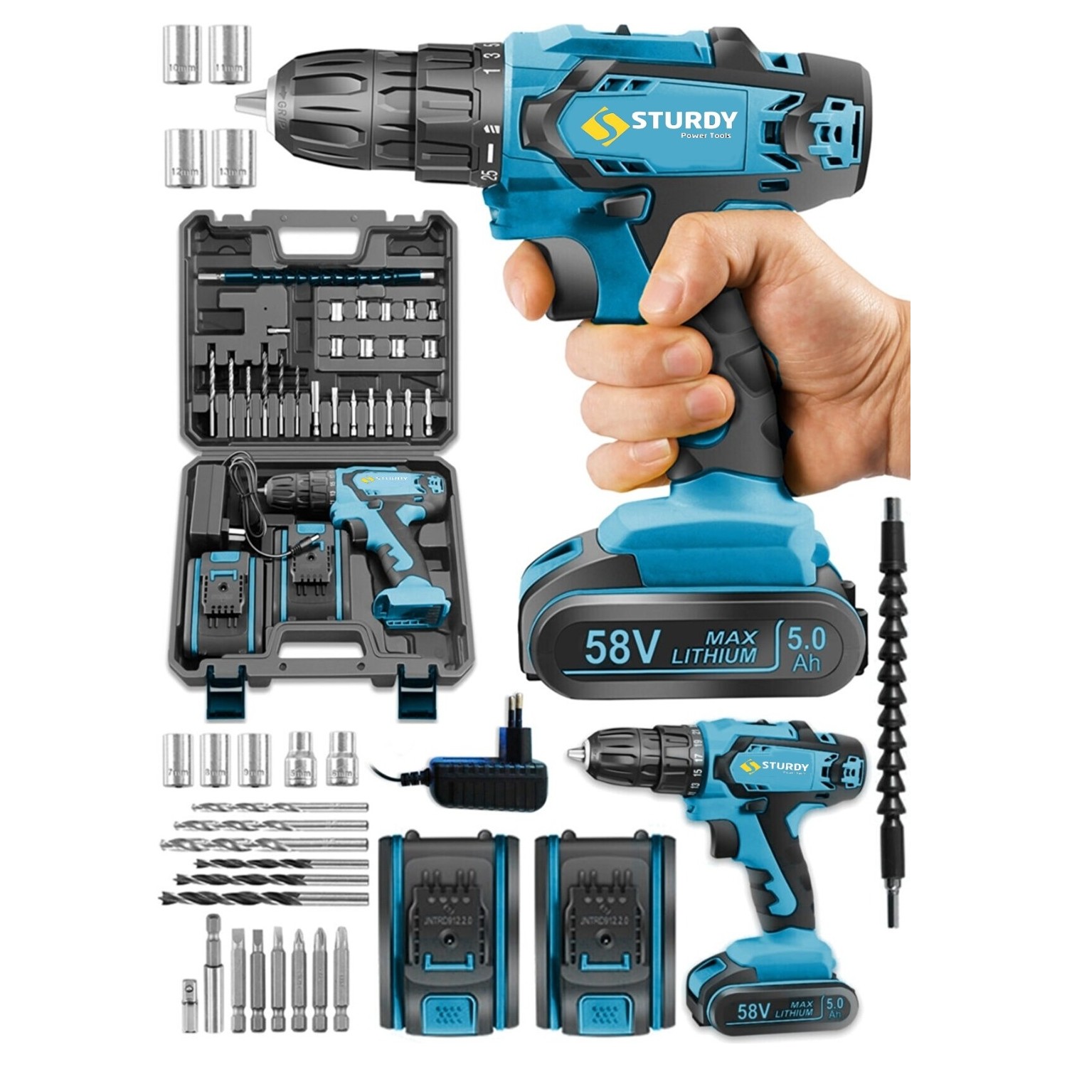 Sturdy Japon Technology 58V8AH Q-R-P Seri Metal Şanzuman Şarjlı Çift Akülü Matkap 27 Parça Uç Setli