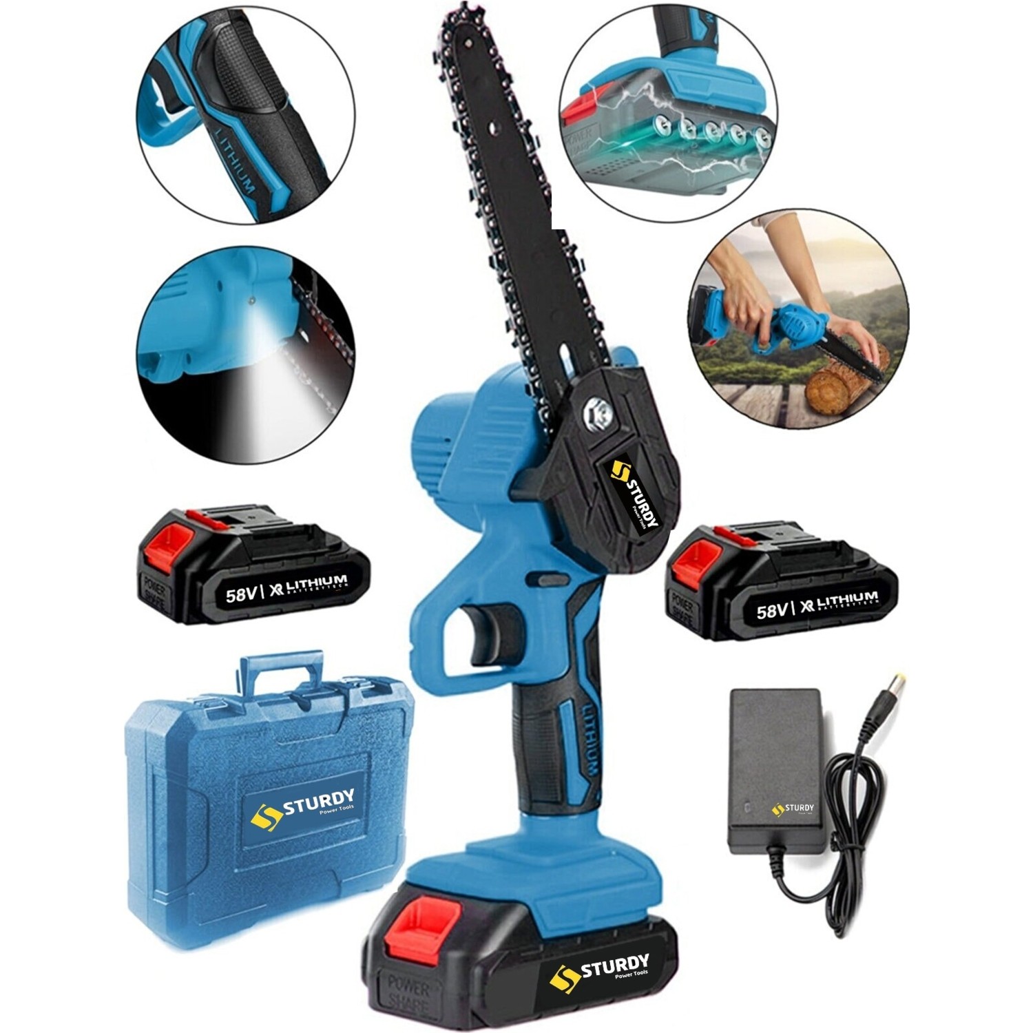 Sturdy Power Tools New Serıes 58 V 5 Ah Akülü Dal Kesme Budama Testere Bıçkı Makinası Çift Akülü Çantalı