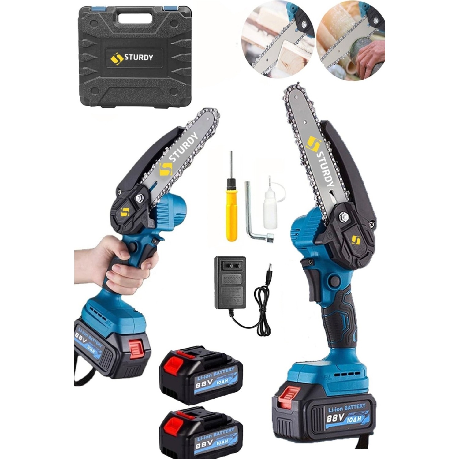 Sturdy Power Tools Japon Tech. Pro. 15 cm Pala ve Zincir Ağaç Kesme Testeresi Çift Akülü 2600WT Uzun Ömürlü Motor