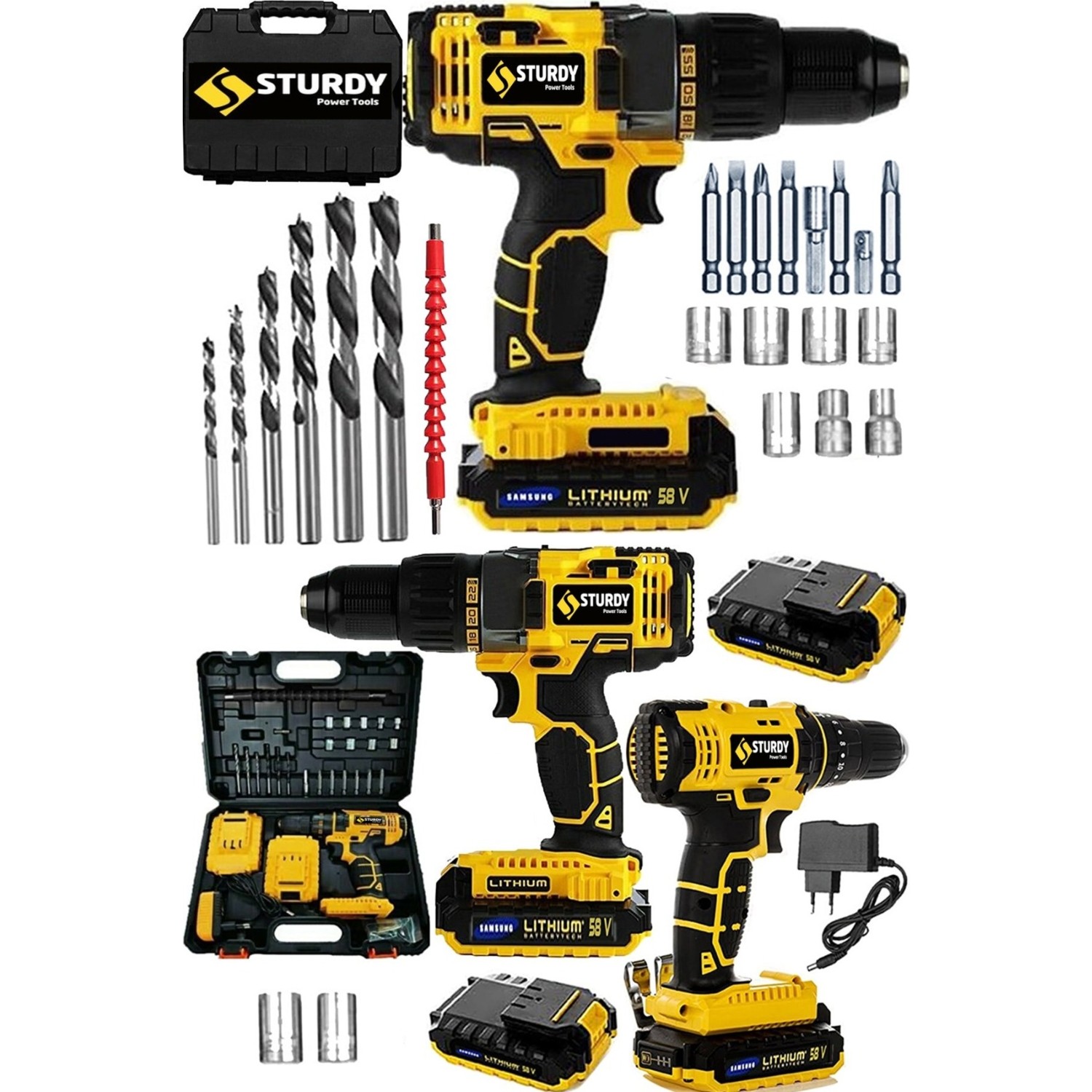 Sturdy Japon Tech Darbeli Bakır Sargı Metal Şanzıman Çift Akülü Vidalama Matkap Seti 58 vf 10 ah