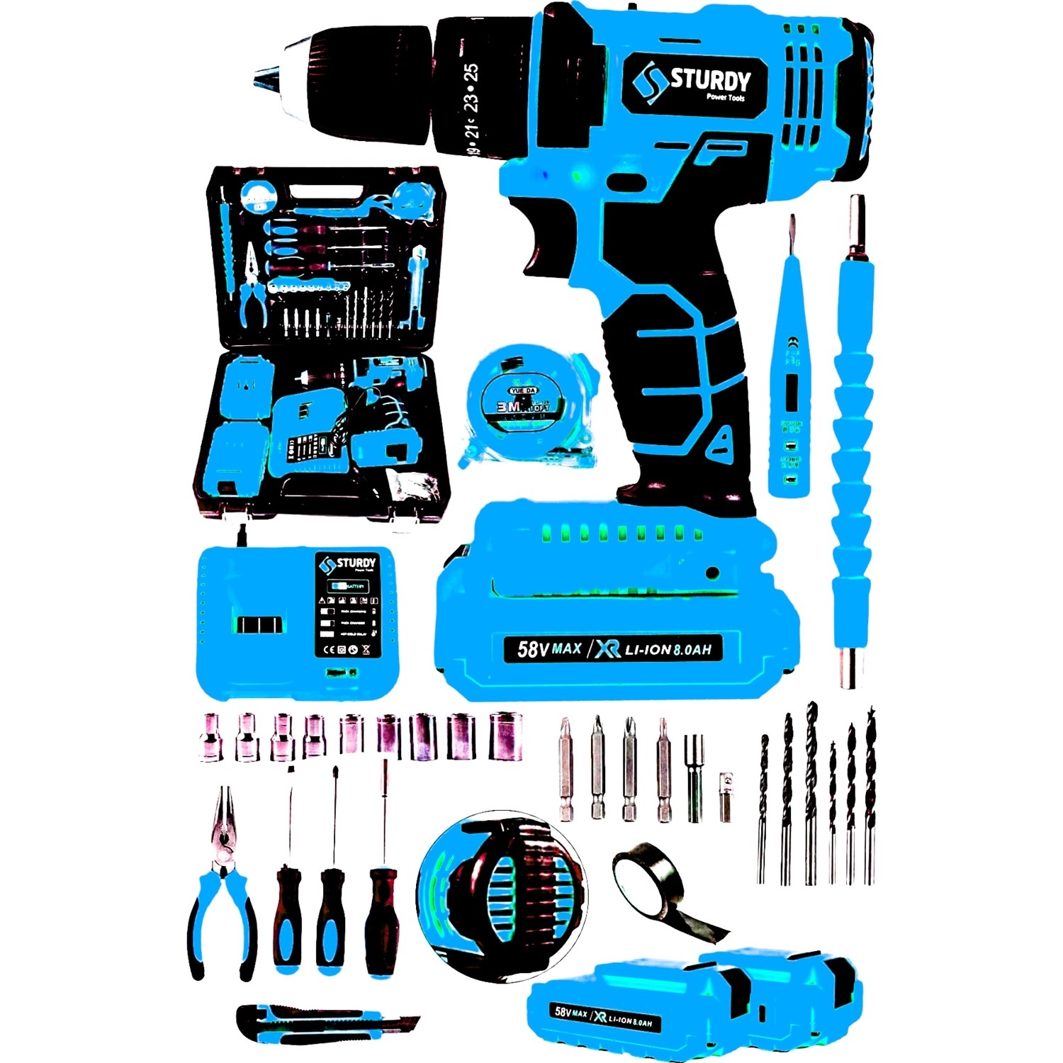 Sturdy Japon Technology Seri 58V8AH Lion Çift Akülü Turbo Şarjlı Matkap C-R Full  39 Parça Setli