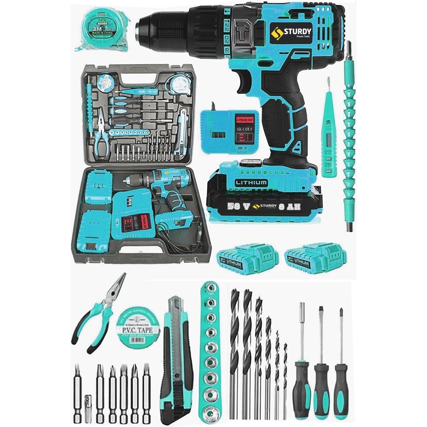 Sturdy Japon Technolo 58V8AH Lion Çift Akülü Metal Şanzuman Turbo Şarjlı Matkaptll-39 Parça Setli