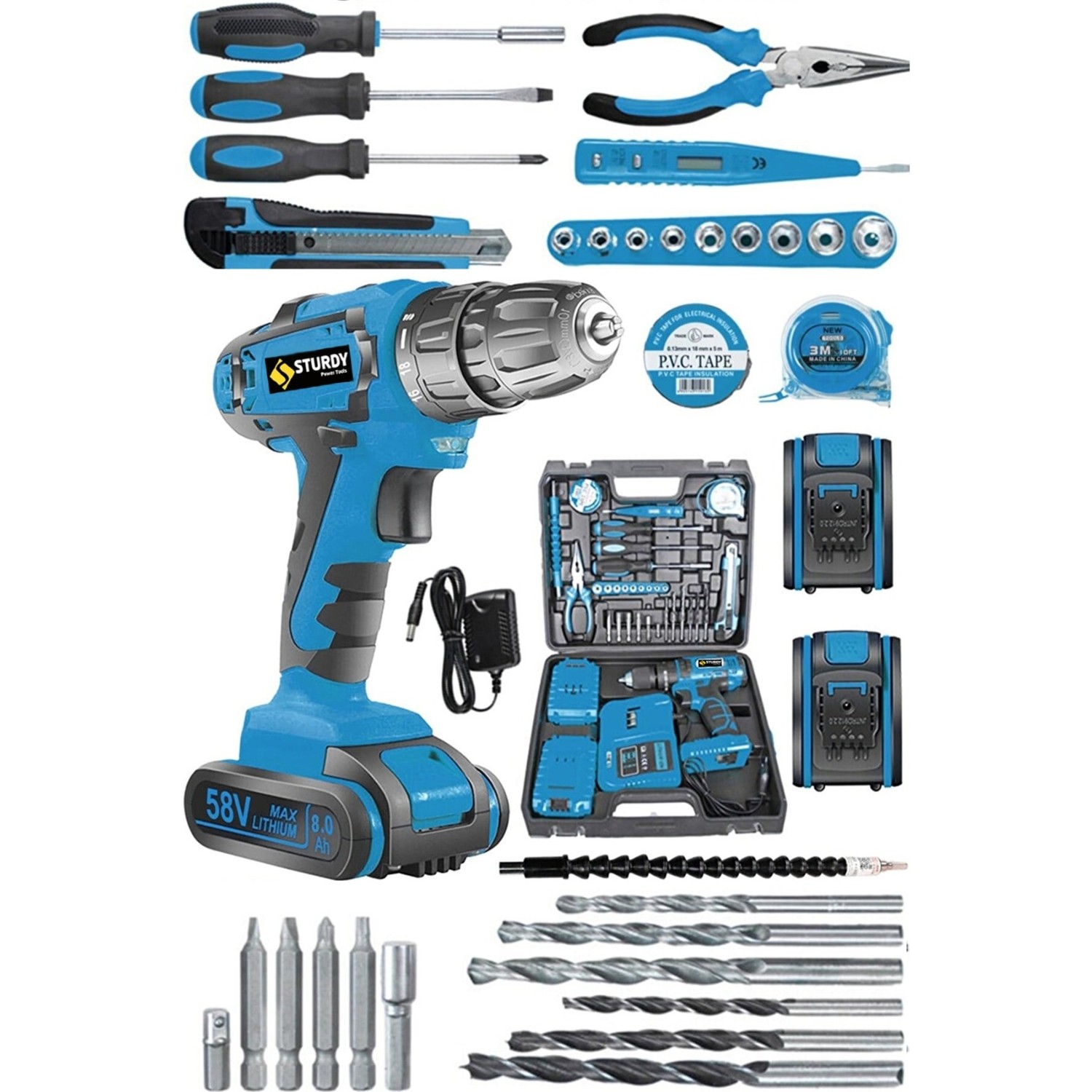 Sturdy Japon Technolo 58V8AH Lion Çift Akülü Metal Şanzuman New Serıes Turbo Şarjlı Matkaptu-39 Parça Setli
