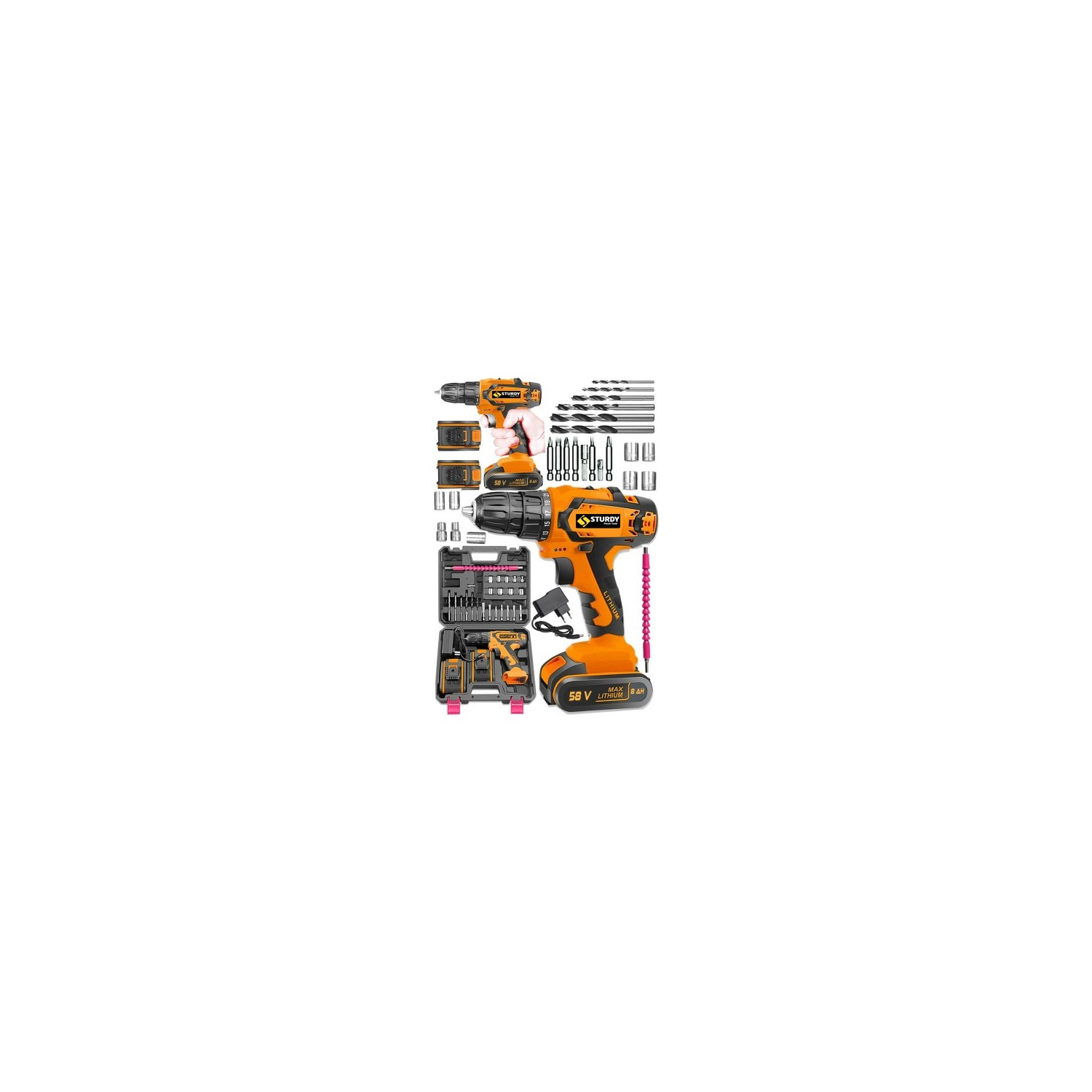 STURDY Alman Technology 128 Fv 12 AH Bakır Sargılı Quick Power 2 Akülü Şarjlı Matkap 24 Pcs Set Hediye