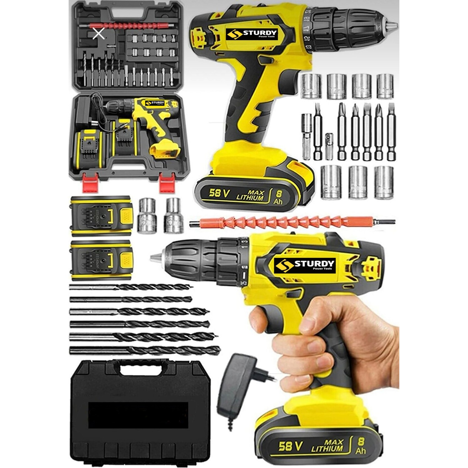 Sturdy 58 V 10 Ah Çift Metal Şanzıman Çift Akülü Darbeli Vidalama Şarjlı Matkap Tam Profesyonel