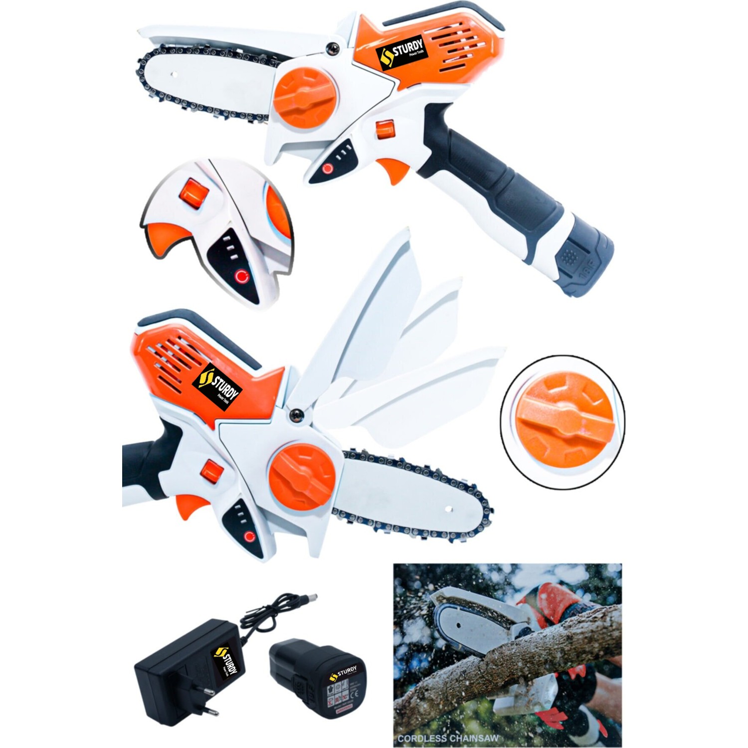 Sturdy Missilles Brushless Series 72V 10 Ah Li-On Akülü Dal Kesme Testere Bıçkı Makinası Çift Akülü 2 Adet 10 cm Zincir ve 2 Adet 10 cm Pala Hediyeli