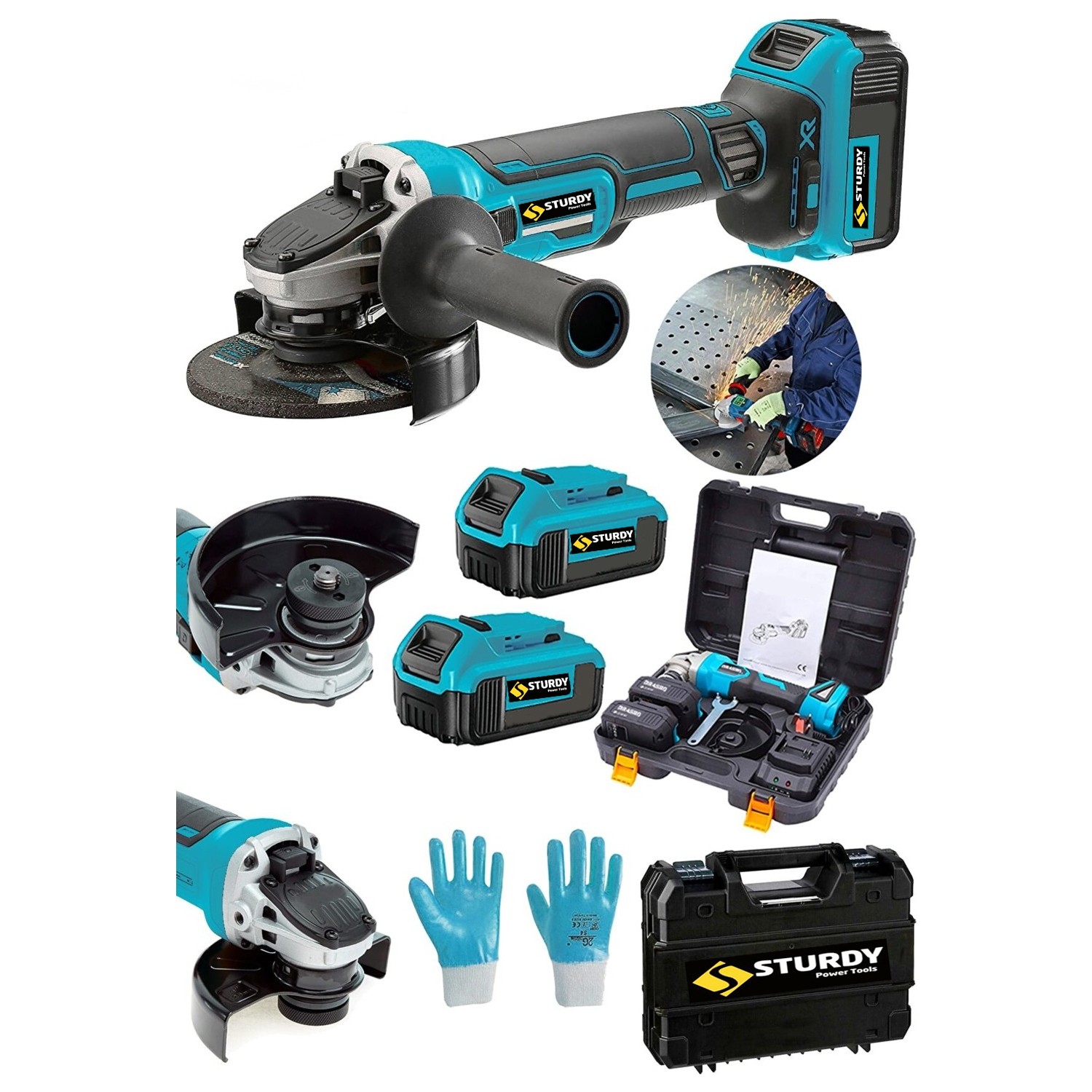Sturdy 58 V 5AH Akülü Taşlama Makinesi Sprel Kömürsüz Şarz Göstergeli Devir Ayarlı Çantalı Mavi