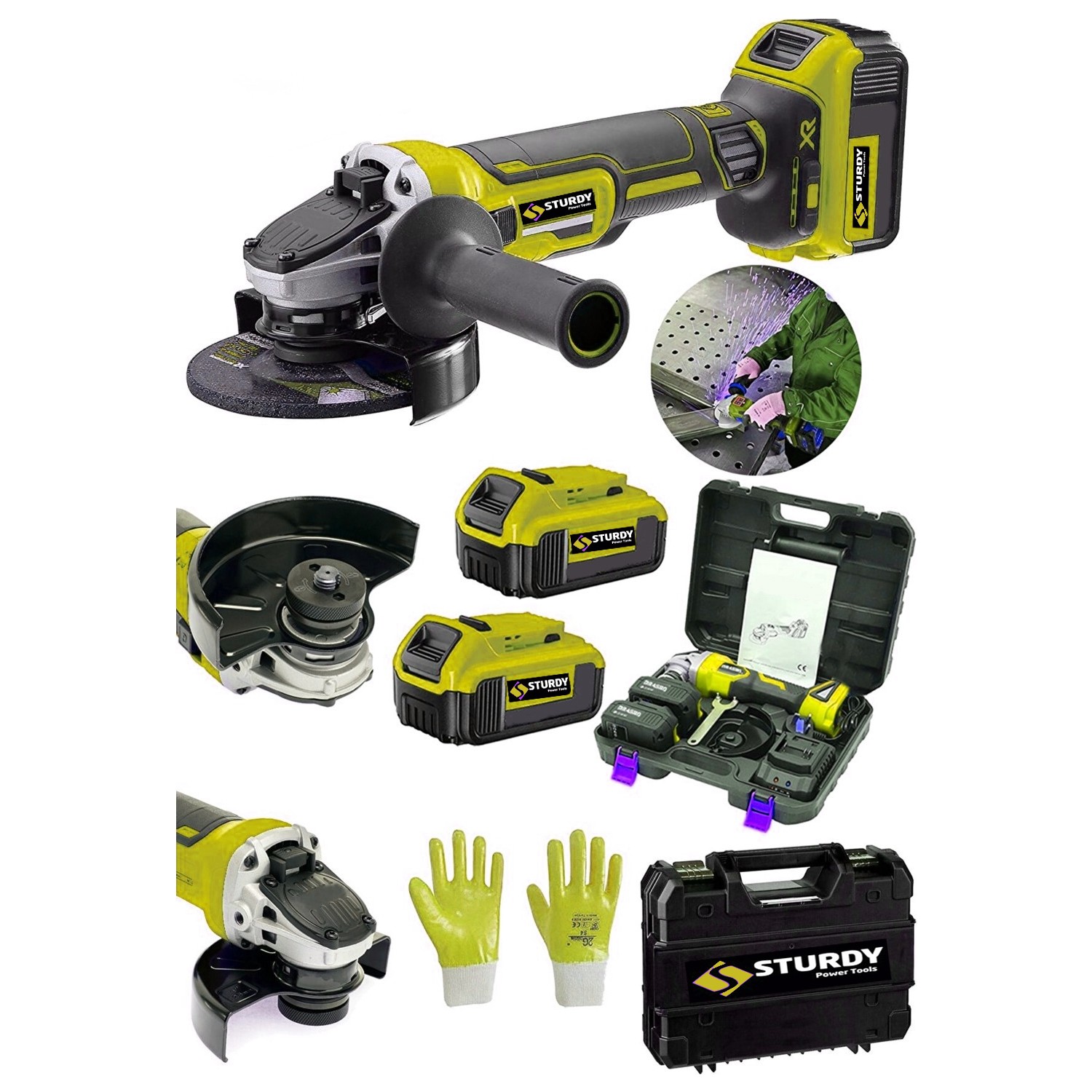 Sturdy 5AH Akülü Taşlama Makinesi Sprel Kömürsüz Şarz Göstergeli Devir Ayarlı Çantalı Sarı