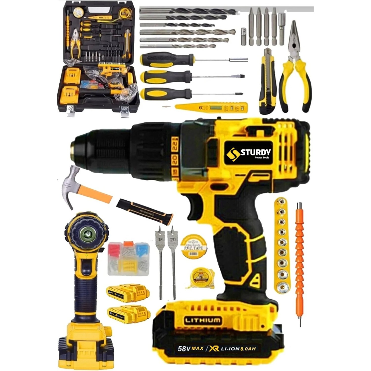 Sturdy 58 V 10 Ah Xr Çelik Şanzıman Çift Akülü Darbeli Li-On Şarjlı Akülü Şarjlı + 100 Prc