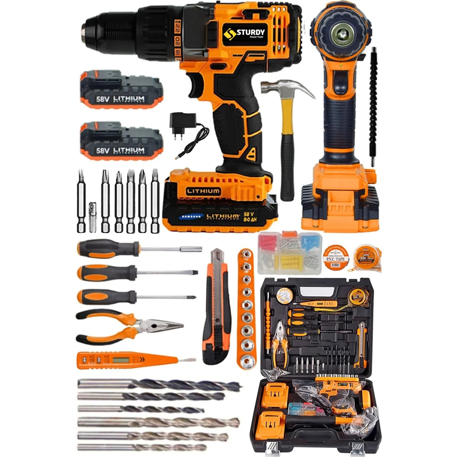 Sturdy 58 V 8 Ah Darbelı Lion Çift Akülü Metal Şanzıman Turbo ŞARJLI100 Pcs Set Kargaburun Tornavida Lokma Setli