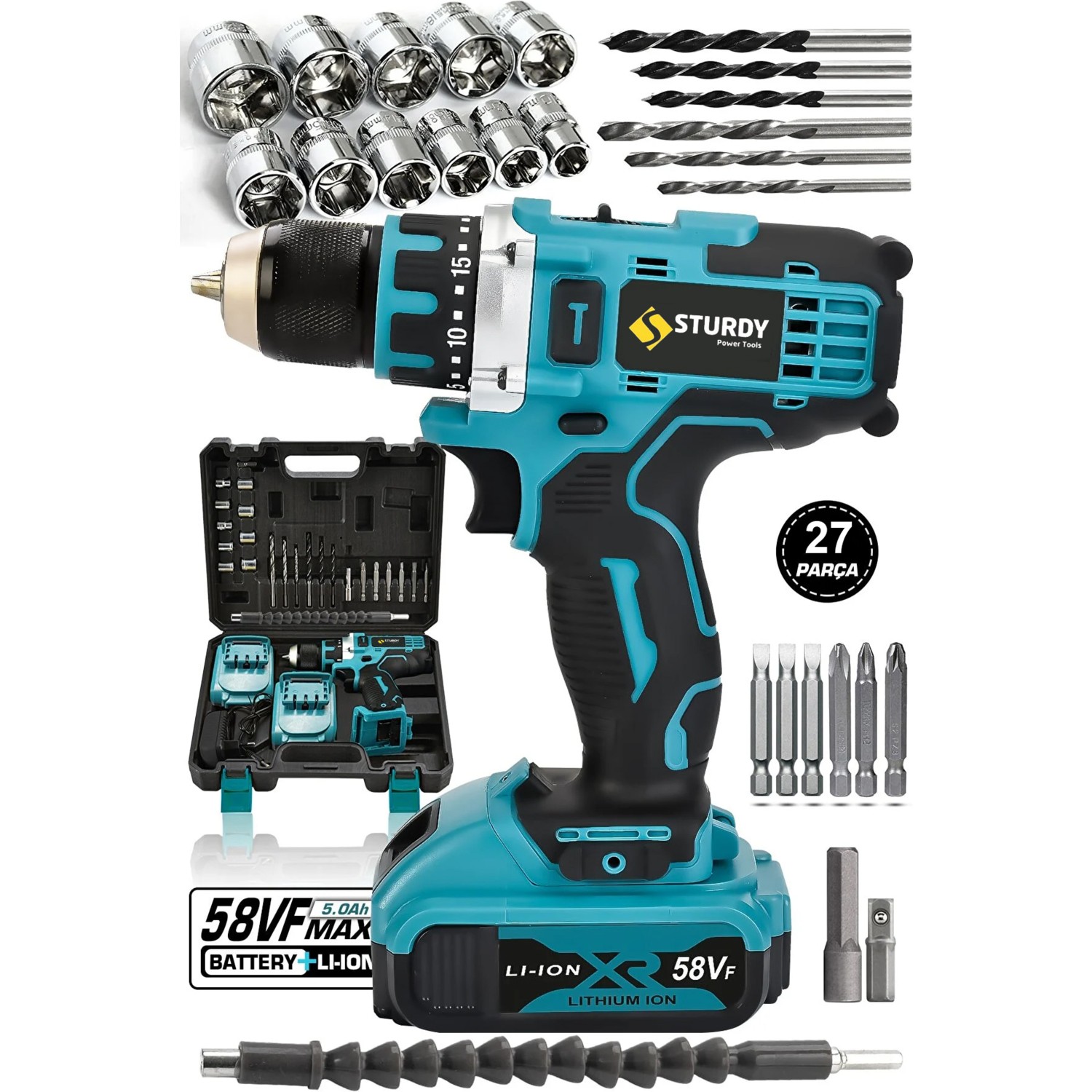 Sturdy Jhr Şarjlı Matkap Çift Akülü Darbesiz 30 Parça Yaprak Set 58 V