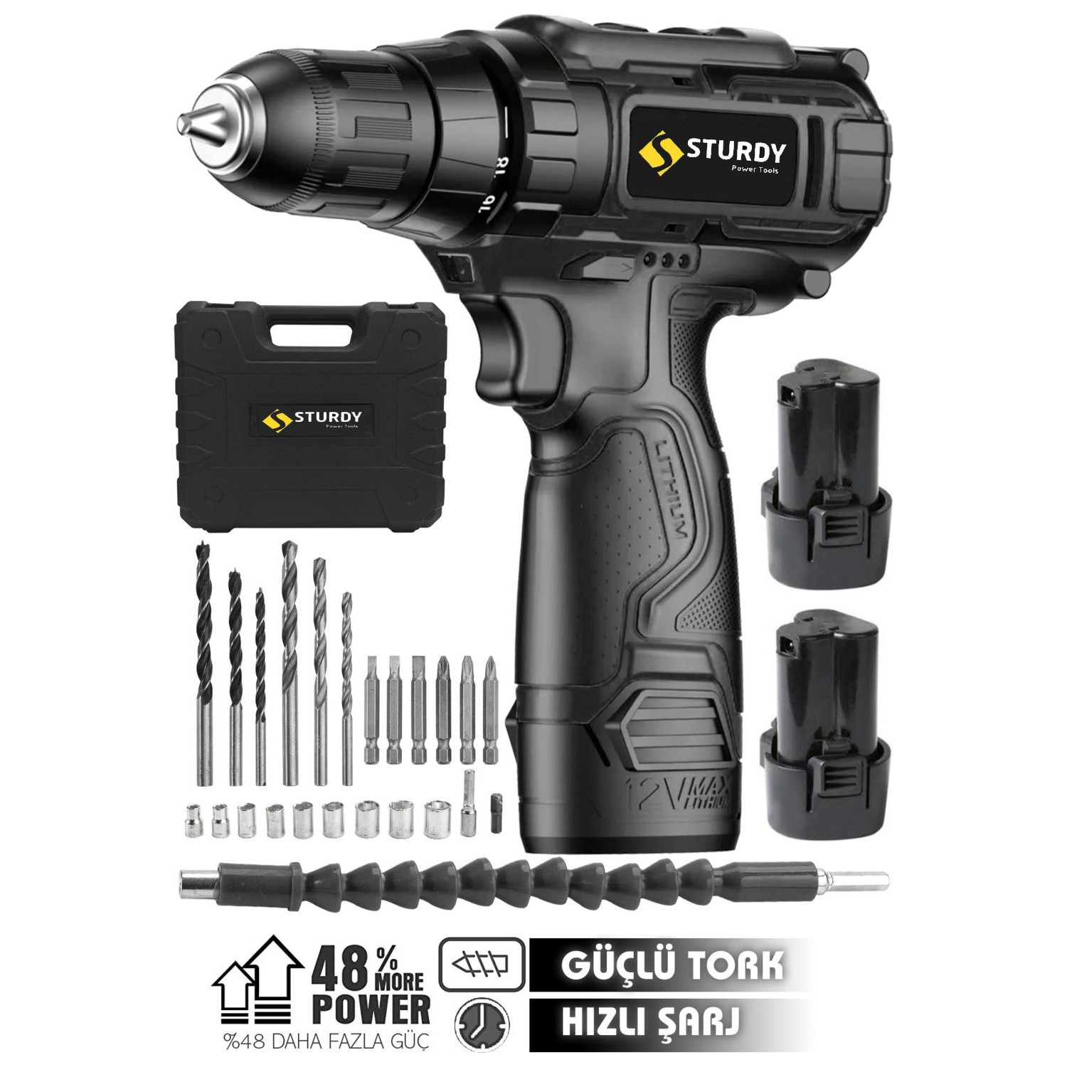Sturdy Germany Stark 58 Vf 5 Ah Çift  24 Parça Akülü Vidalama Şarjlı Matkap Akülü Metal Şanzıman