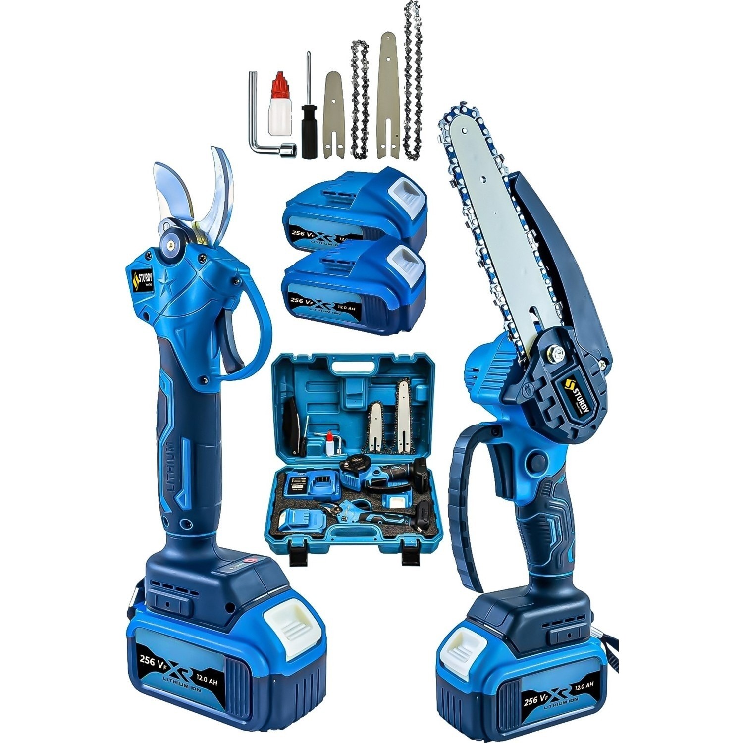 Sturdy 256 VF 12H Akülü Çelik Şanzıman  ÇİFT PALA 10+15 CM  Pala Zincirli Şarjlı Dal Ağaç Kesme Bağ Budama Makası