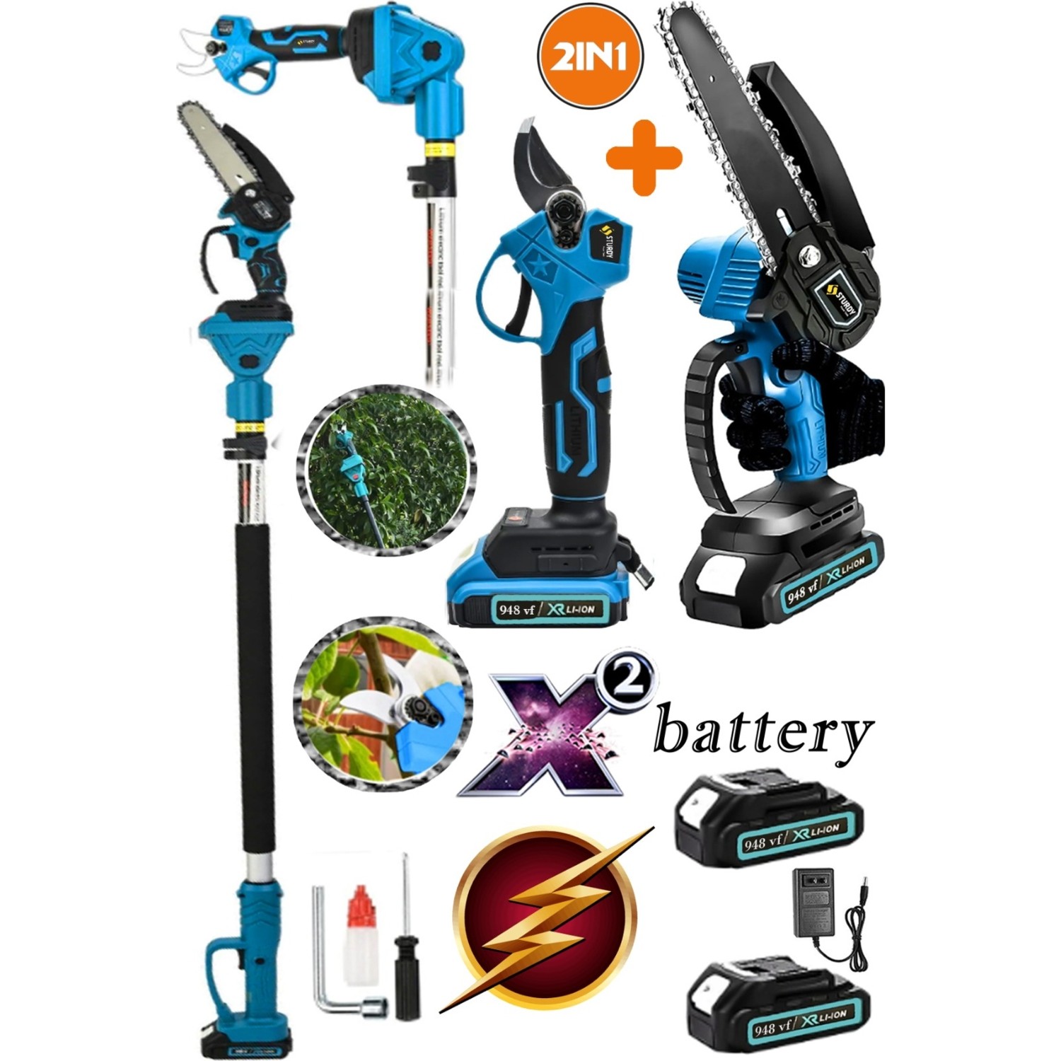 Sturdy 2’li Set Red Lx Motor 948 Vf 20 Ah Şarjlı Dal Kesme ve Budama Makası 2.7 mt Teleskopik Uzatma
