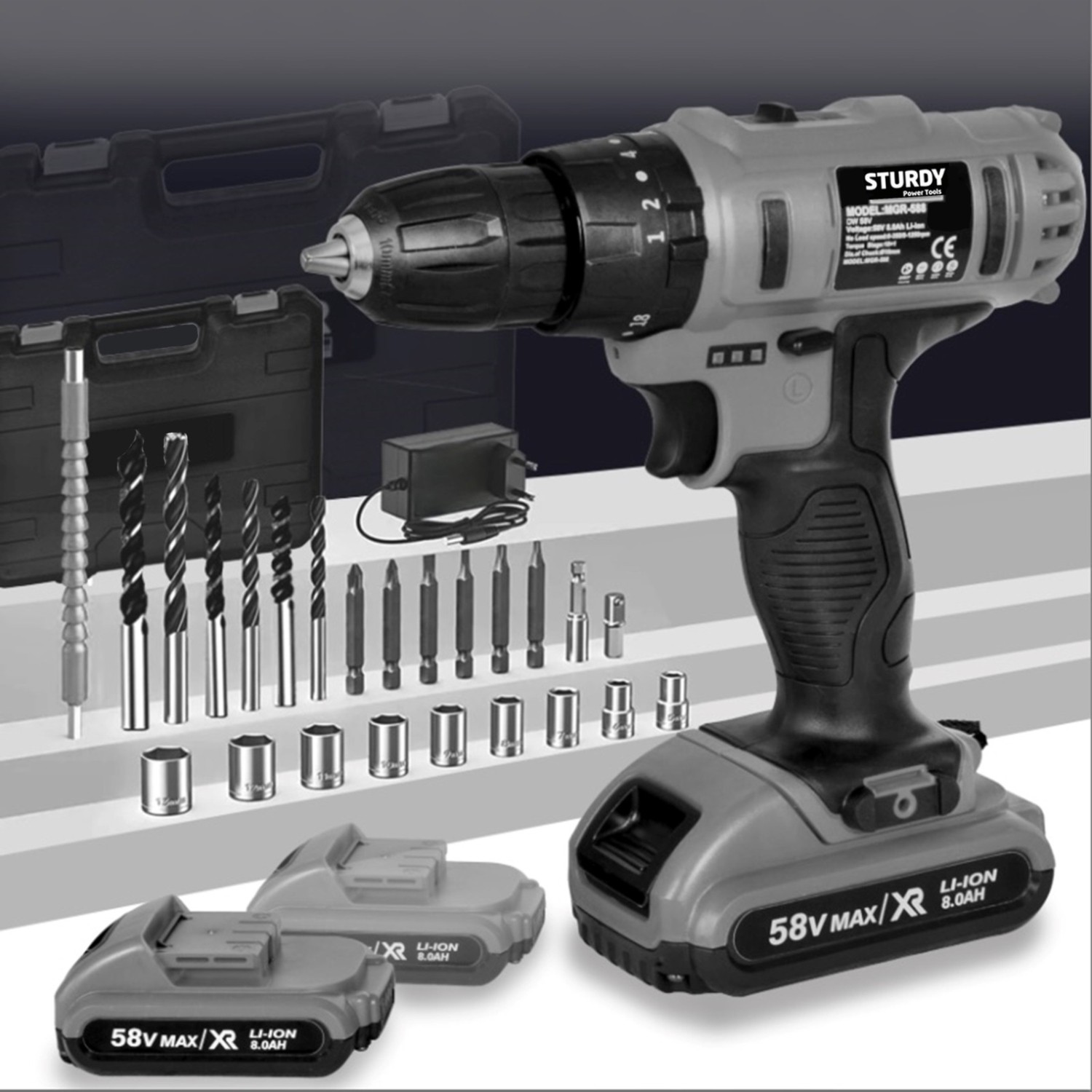 Sturdy New Seri 58 V 10 Ah Çelik Şanzuman Bakır Sargılı Çift Akülü Şarjlı Matkap  Vidalama 27 Parça Set Profesyonel