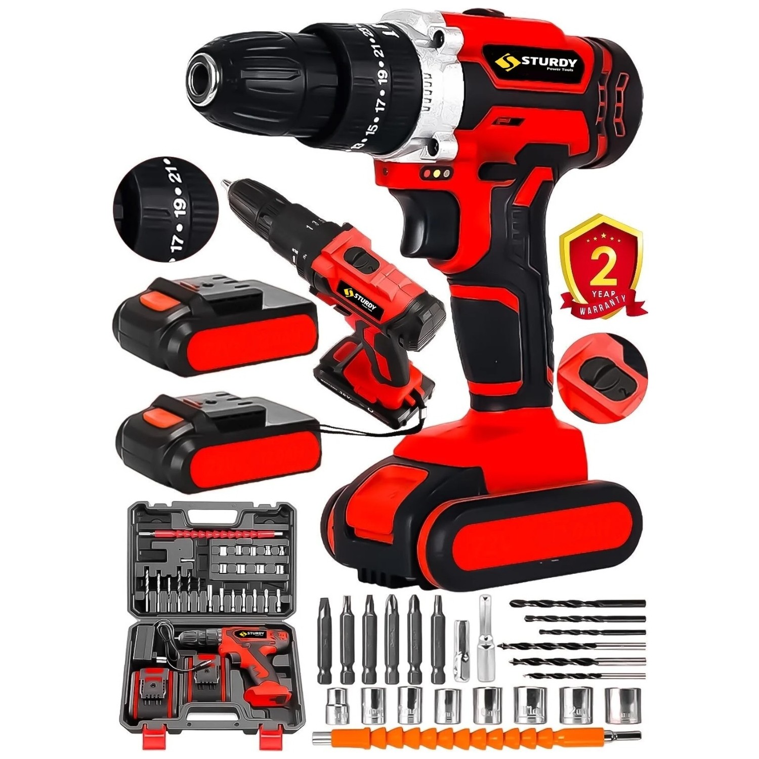 Sturdy Japon Technology New  Seri Darbeli Metal Şanzuman Şarjlı Çift Akülü Matkap Işıklı 27PRÇ Uç Setli