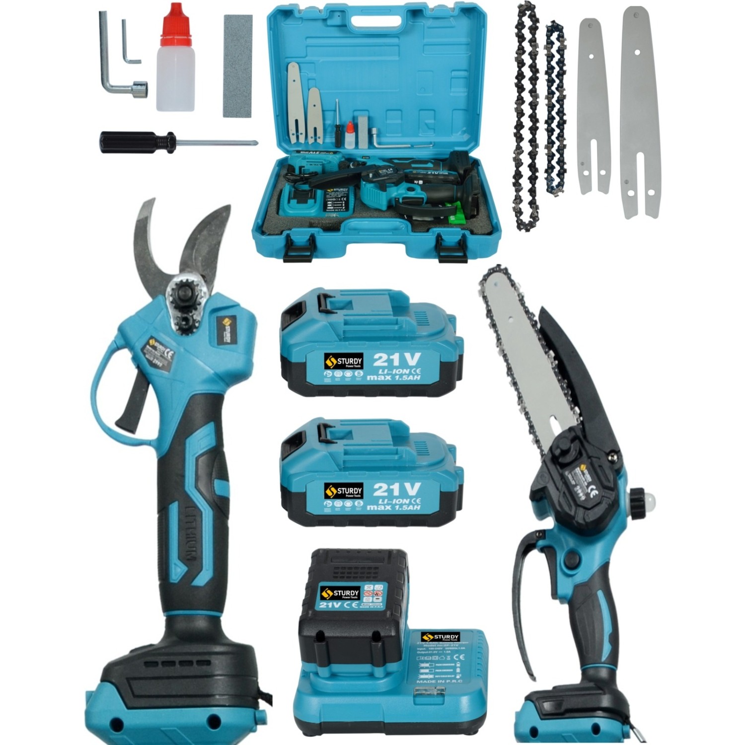 Sturdy 2’li Set 21V 1.3AH Çift Akülü Çelik Şanzıman Şarjlı Dal Budama & Testeresi Yenı Serı 15CM