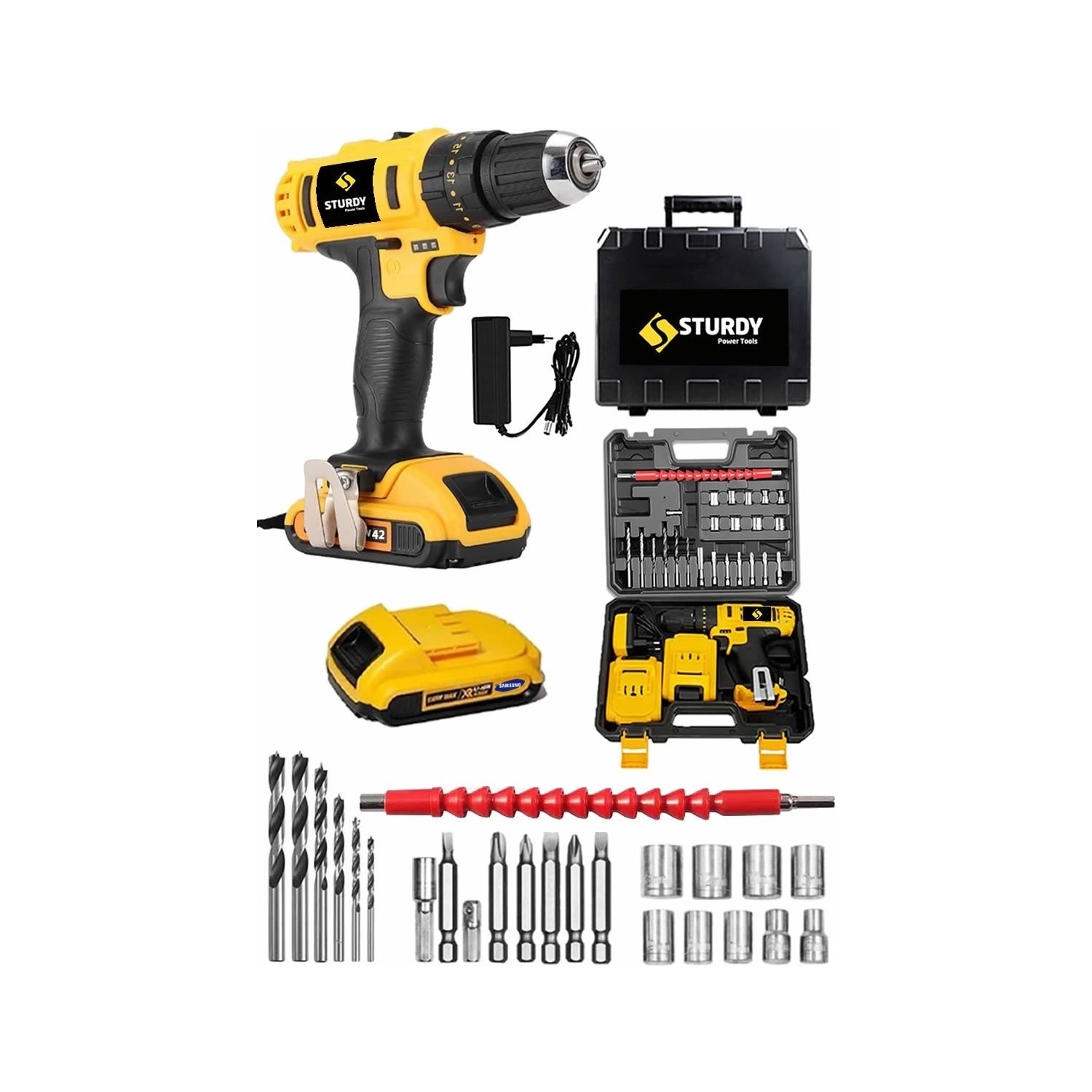 Sturdy 46VF 5MAh Lıon Çift Akülü NEW  SERİ Darbeli Turbo Şarjlı vidalama  Matkap 27 Parça Uç Setli