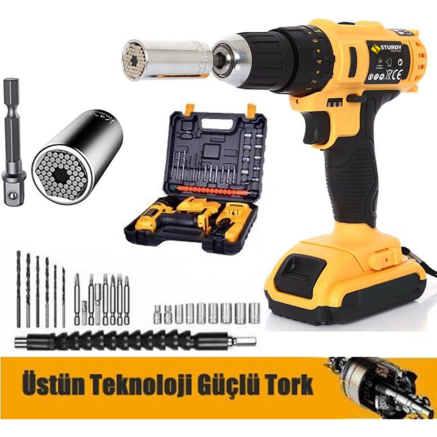 Sturdy Germany Tools 92vf12m A Darbeli Professional 27 PARÇA Şarjlı Vidalama Matkap + 7 - 19 Çok Amaçlı Lokma Ucu