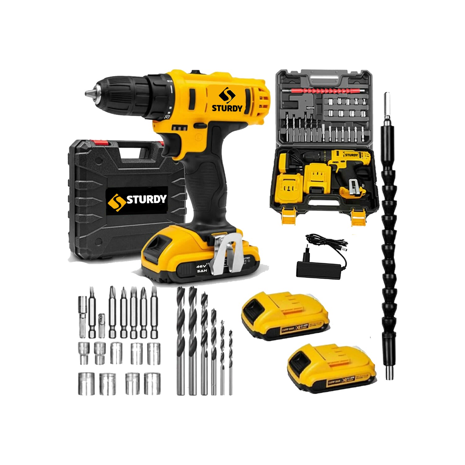 Sturdy Power Tools 48 Volt 5.0 Amper DARBESİZ 24 PARÇA SETLİ Çift Akülü Şarjlı Vidalama Matkap