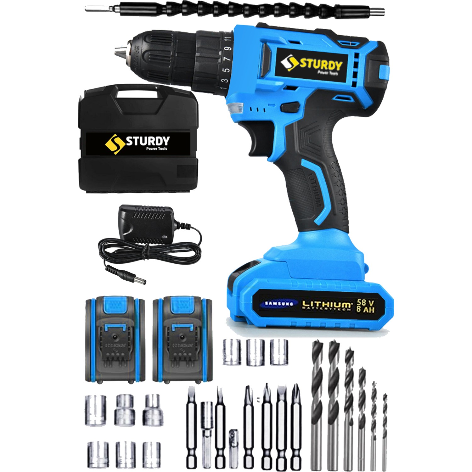 Sturdy 58V 6AH Metal Sanzumanlı NEW SERİ Setli  Li-ion Çift Akülü Matkap 27 Parca Setli