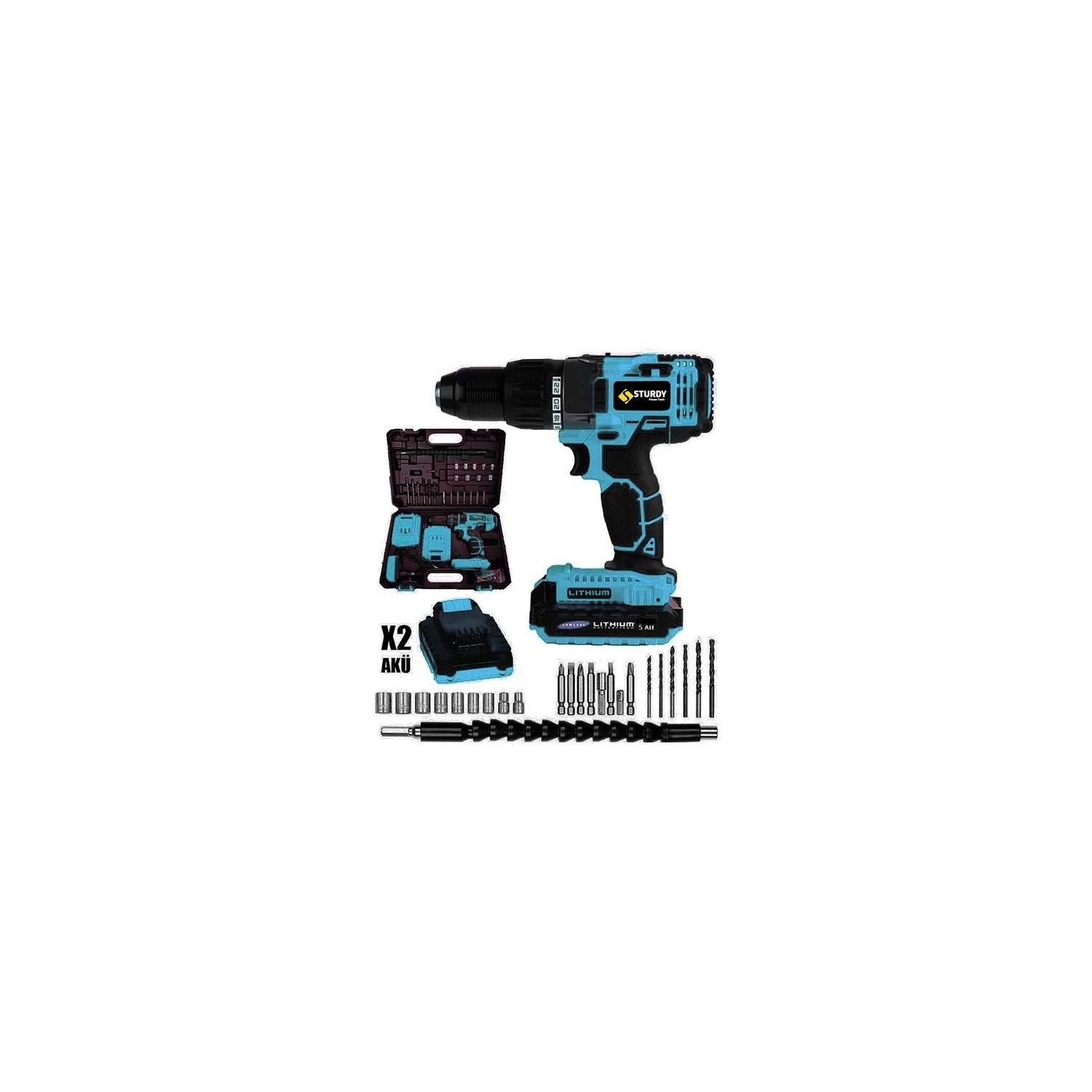 Sturdy 58V 6AH Metal Sanzumanlı EXPRESS SERİ Setli Darbeli Li-ion Çift Akülü Şarjlı Matkap 27 Parca Setli