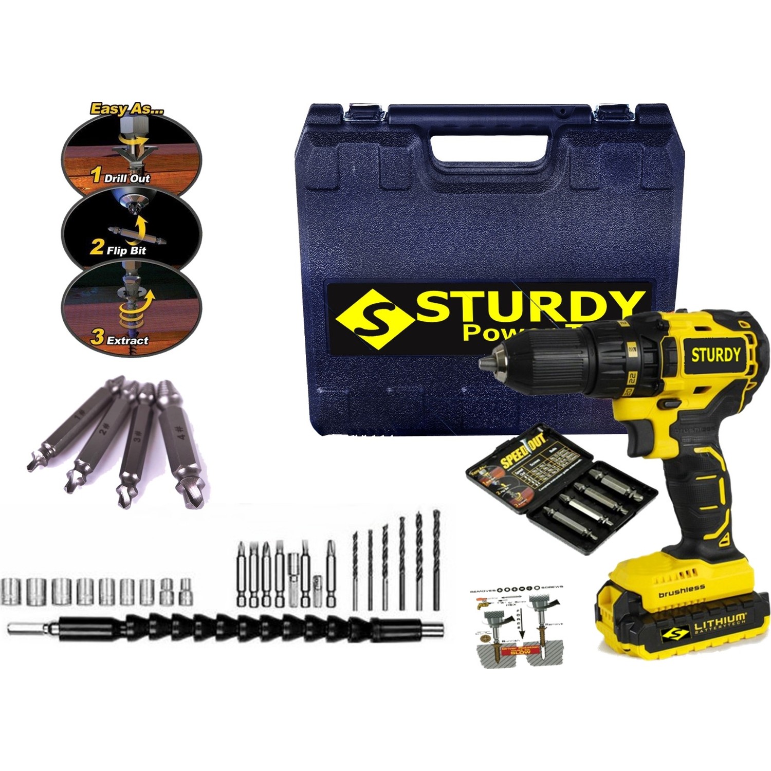 Sturdy 58V 6AH Metal Sanzumanlı EXPRESS SERİ Setli Darbeli Li-ion Çift Akülü Matkap 27 Parca Setli + BOZUK UÇ ÇIKARICI