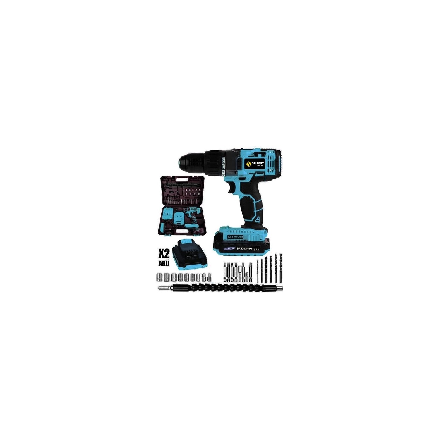 Sturdy Pro 58 Volt 6,0 Amper Darbeli Metal Şanzuman +27 Parça Set Şarjlı Vidalama Matkap Mavi Seri