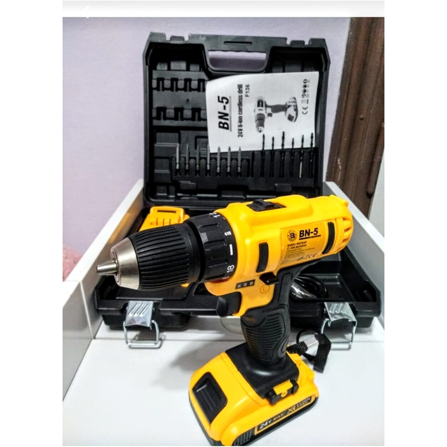 BN-5 24 Volt 5 Amper Metal Şanzımanlı Darbeli Şarjlı Matkap 24 Parça Uç Setli