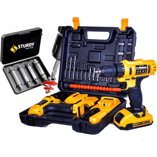 Sturdy 58 V 6AH Lion Çift Akülü Darbeli Turbo Şarjlı vidalama  Matkap 27 Parca Setli + Bozulmuş Vida Sökme Setli