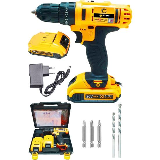 Sturdy Power Tools 36 Volt 5.0 Amper Çift Akülü 5 Parça Uç Setli Şarjlı Vidalama Matkap